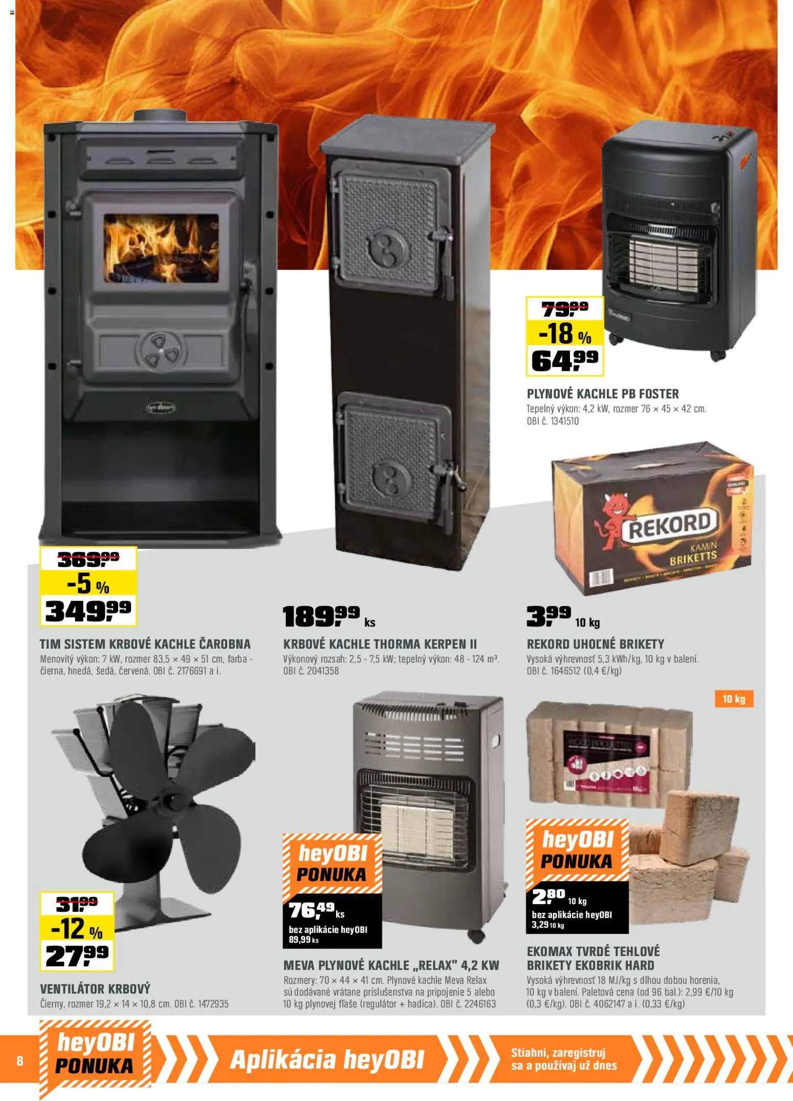 Nové OBI akcie – leták je platný od 01.11.2025 | Strana: 8 | Produkty: Krbové kachle, Kachle, Ventilátor