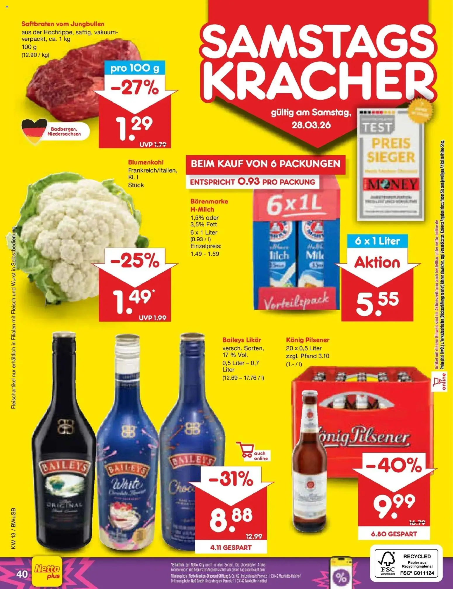 Netto Marken-Discount Prospekt Stemwede-Dielingen	 – gültig ab 23.03.2026 | Seite: 56 | Produkte: Konig pilsener, Wurst, Baileys, Blumenkohl