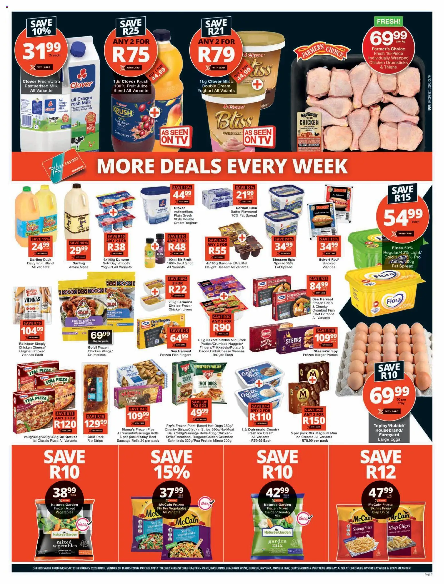 New Checkers catalogue – valid from 23.02.2026 | Page: 3 | Products: Shelf, Frozen vegetables, Burgers, Sausage