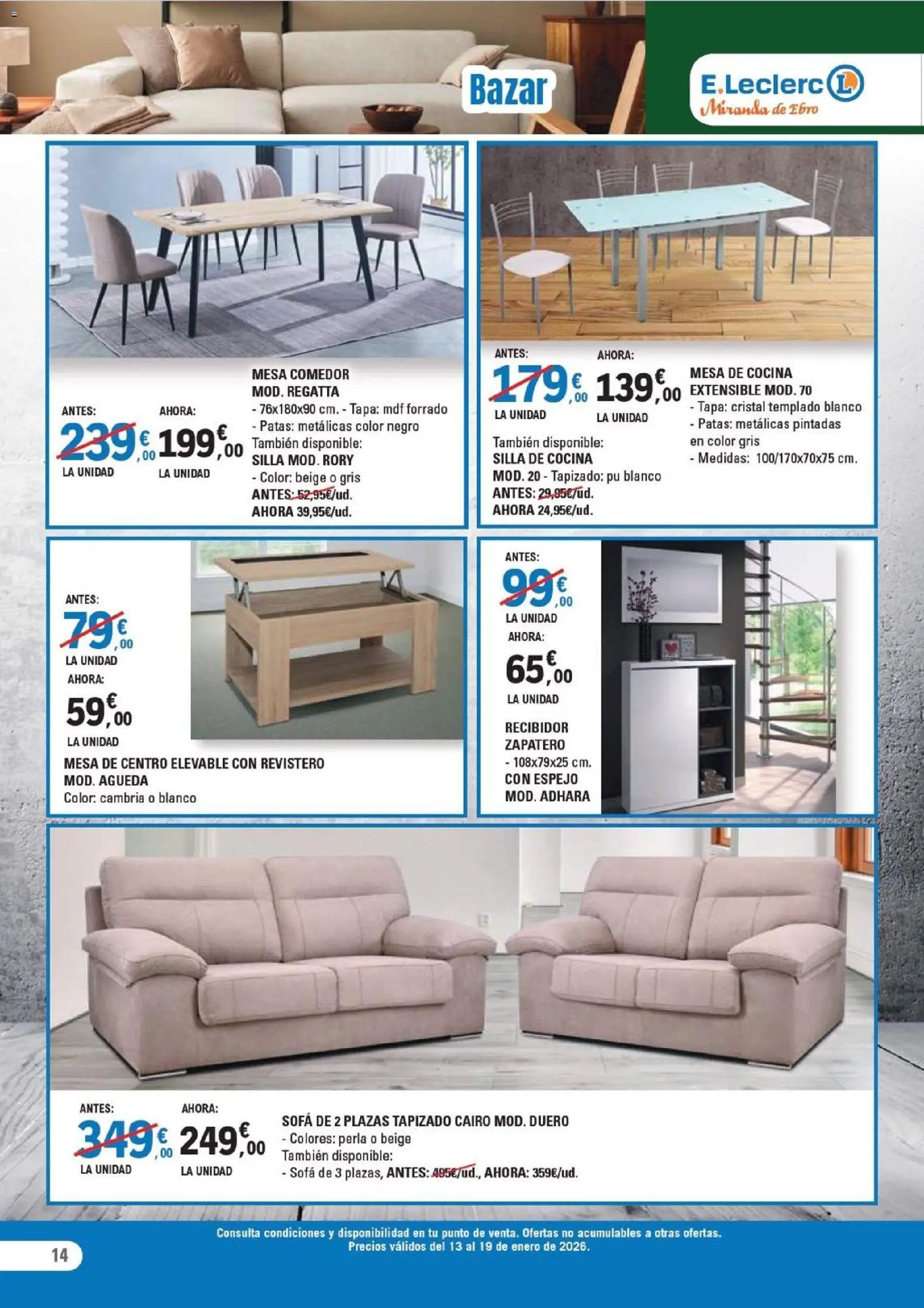 E.Leclerc folleto │ válido desde el 13.01.2026 | Página: 14 | Productos: Zapatero, Cocina, Sofá, Espejo