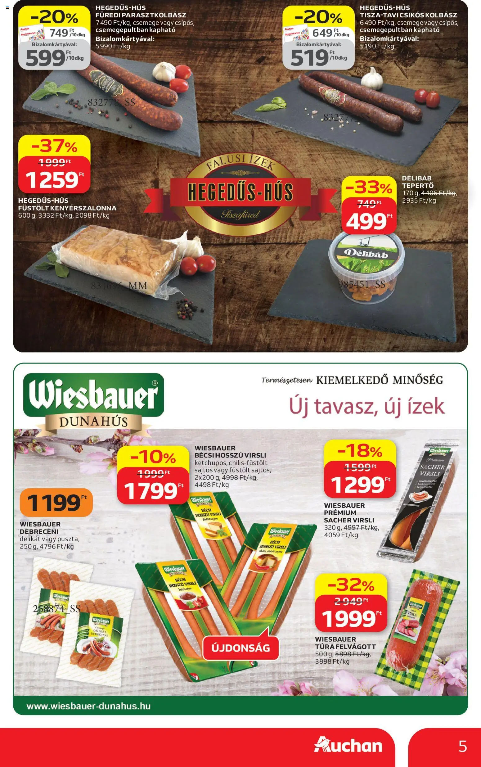Auchan akciós ujság - amely érvényes a következő dátumtól: 09.04.2026 | Oldal: 5 | Termékek: Virsli, Kolbász, Debreceni, Kenyérszalonna