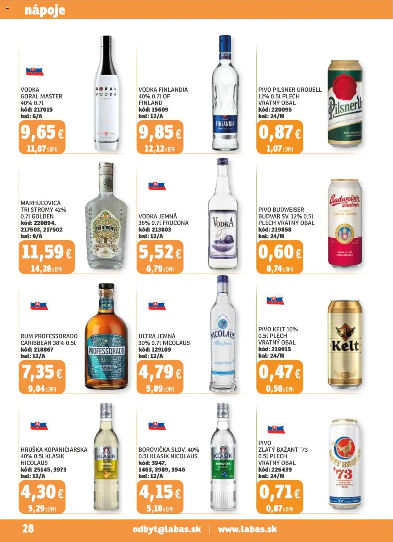 Nové Labaš akcie – leták je platný od 17.10.2025 | Strana: 28 | Produkty: Pilsner Urquell, Borovička, Kelt, Zlatý Bažant