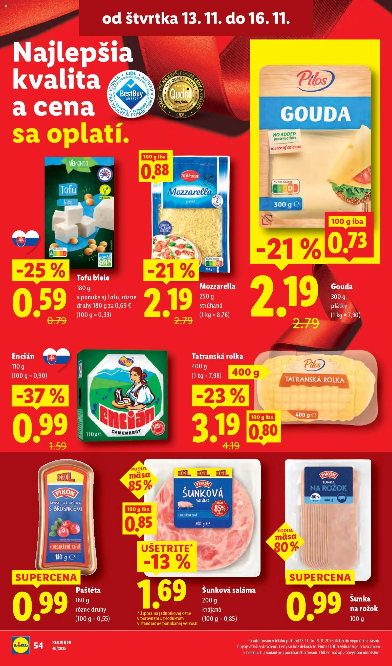 Nové Lidl akcie – leták je platný od 13.11.2025 | Strana: 24 | Produkty: Saláma, Gouda, Tofu, Encián