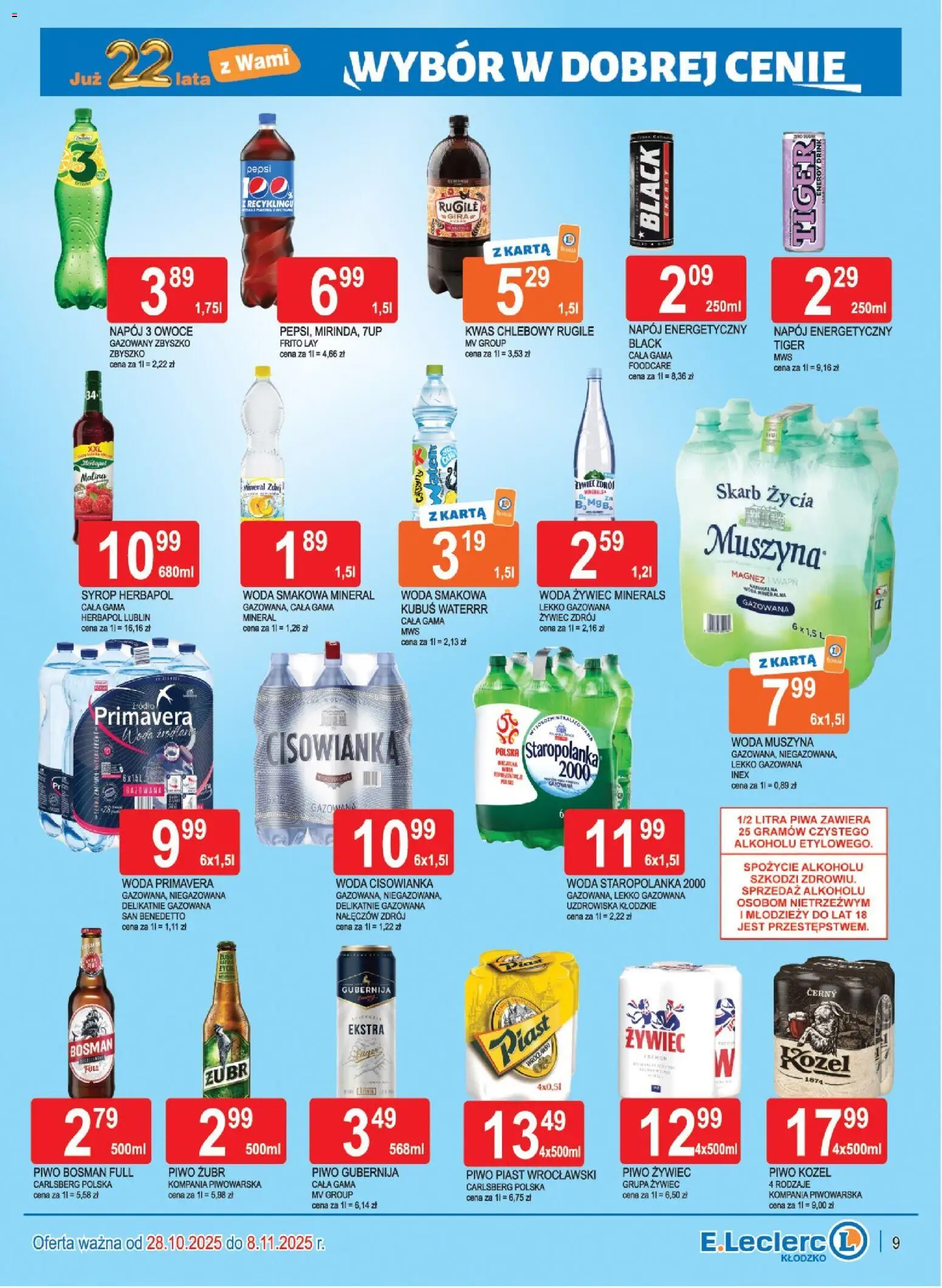 E.Leclerc Gazetka - Kłodzko od 28.10.2025 | Strona: 9 | Produkty: Karta, Woda żywiec, Piwo kozel, Owoce