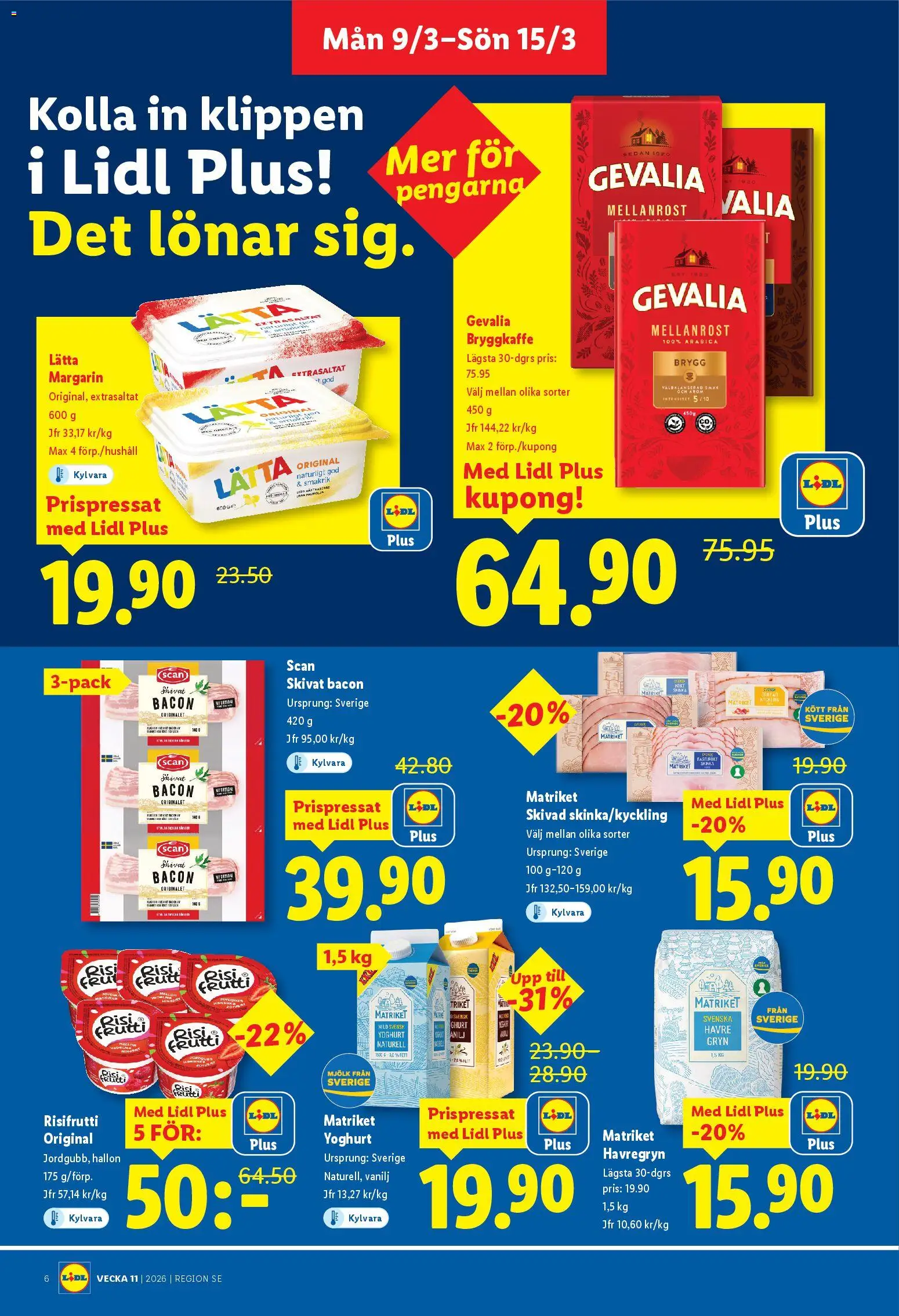 Lidl reklamblad aktuell från 09.03.2026 | Sida: 6 | Produkter: Bacon, Havregryn, Mjölk, Yoghurt