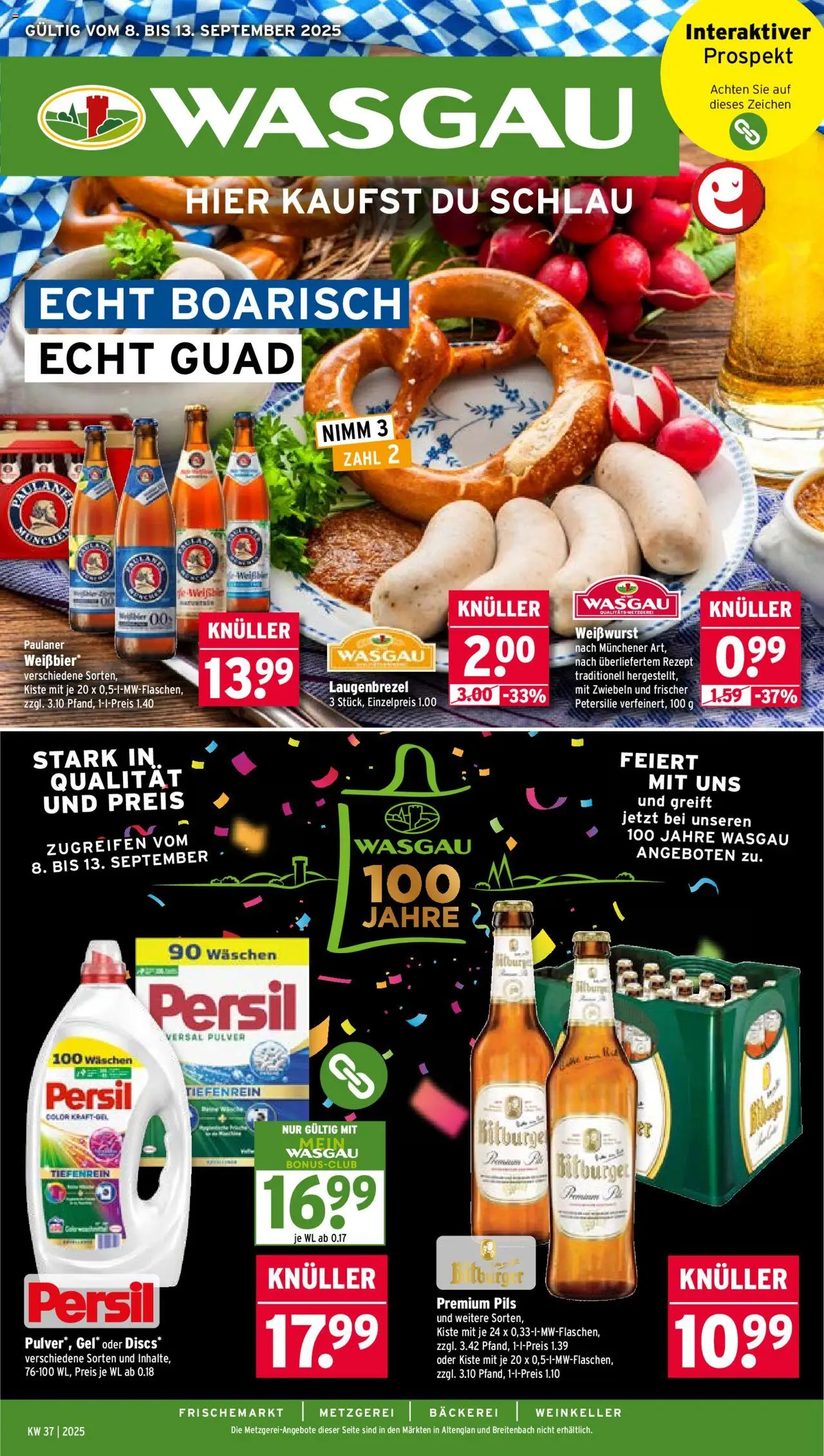 Wasgau Prospekt 	 – gültig ab 08.09.2025 | Seite: 1 | Produkte: Bäckerei, Zwiebeln, Paulaner, Persil