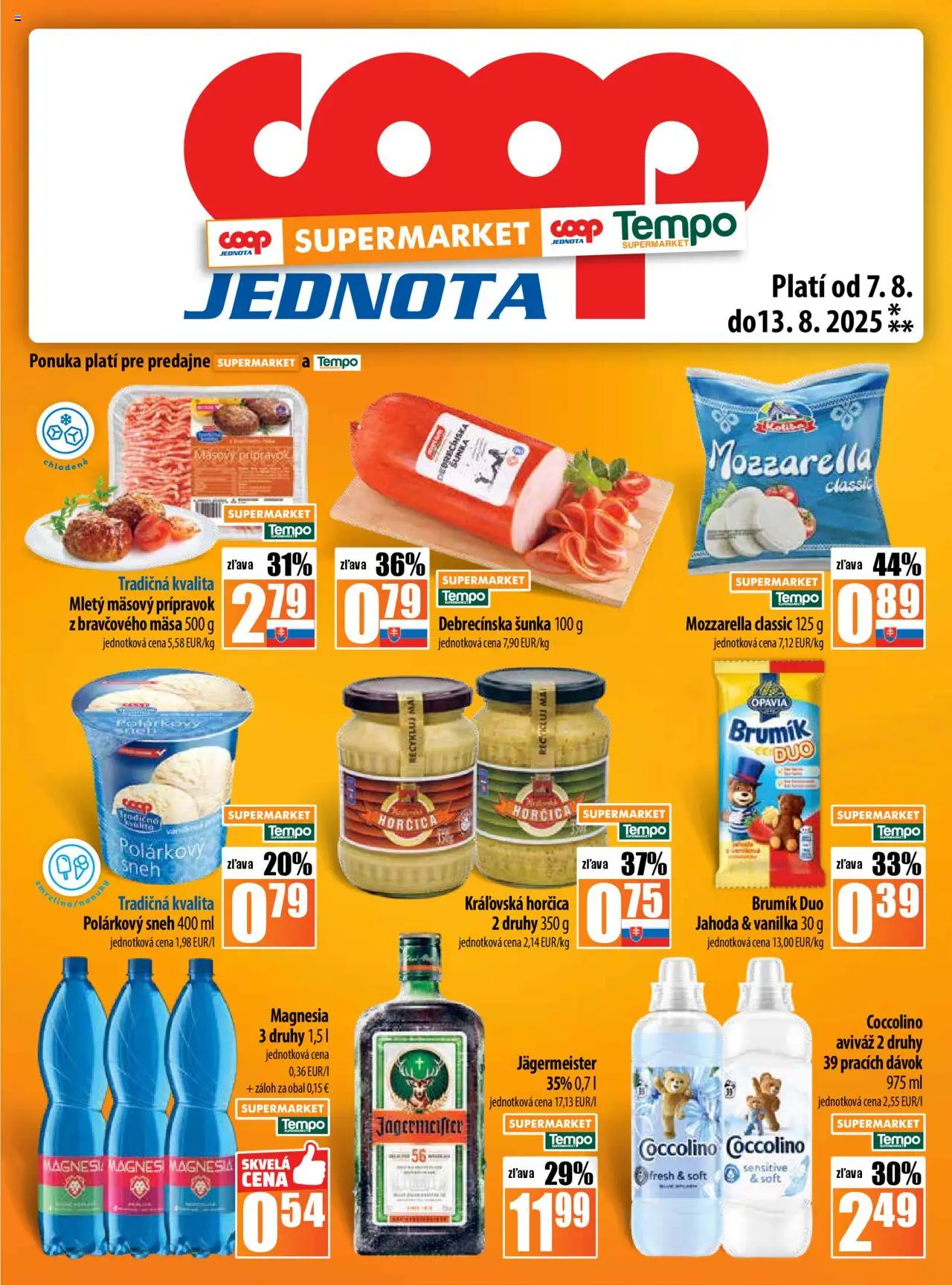 COOP Jednota leták │ platný od 07.08.2025 | Strana: 13 | Produkty: Jägermeister, Zmrzlina, Aviváž, Coccolino