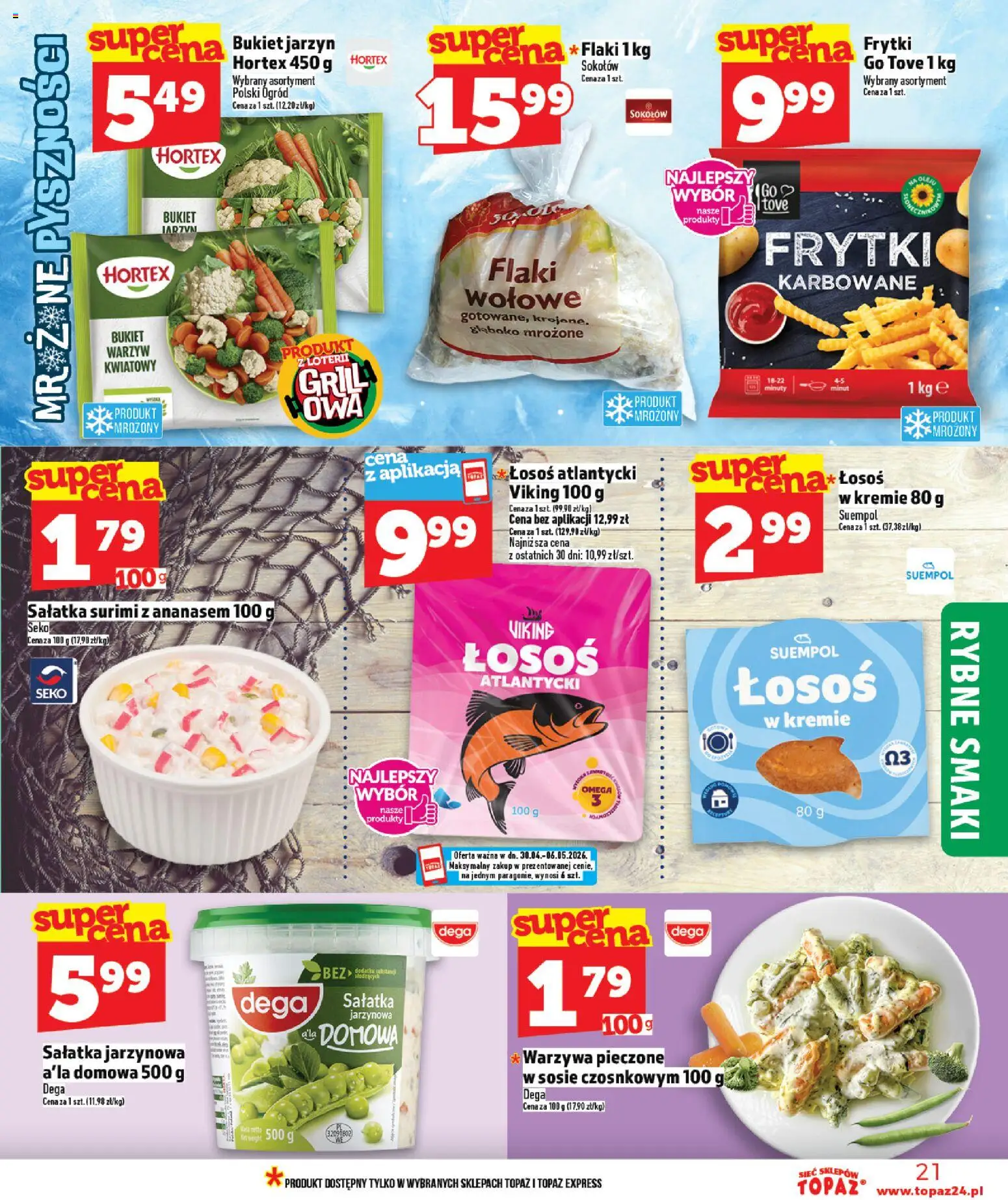 Topaz gazetka od 30.04.2026 | Strona: 21 | Produkty: Surimi, Łosoś, Sałatka, Warzywa