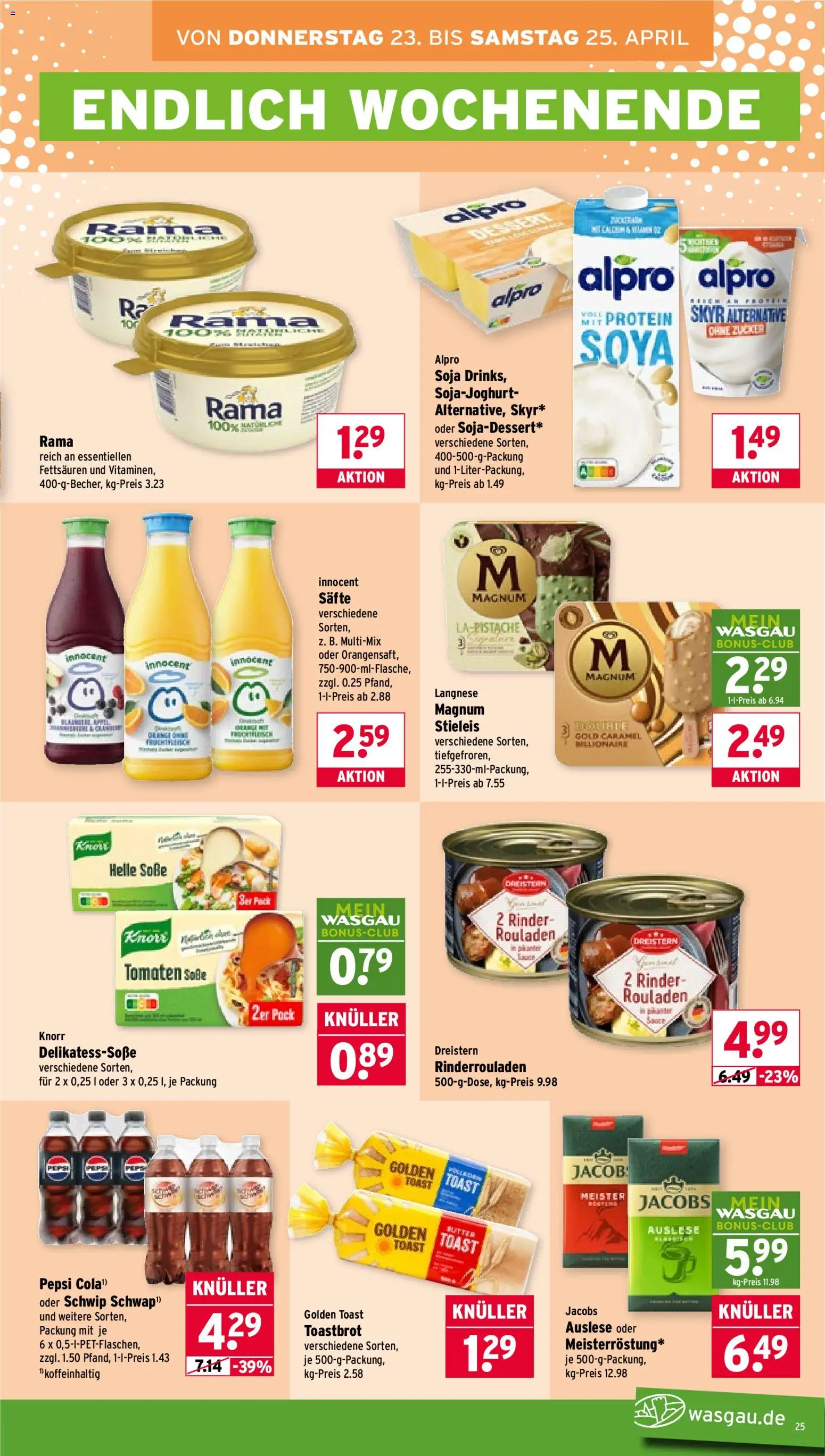 Wasgau Prospekt 	 – gültig ab 20.04.2026 | Seite: 25 | Produkte: Rinderrouladen, Toastbrot, Knorr, Alpro