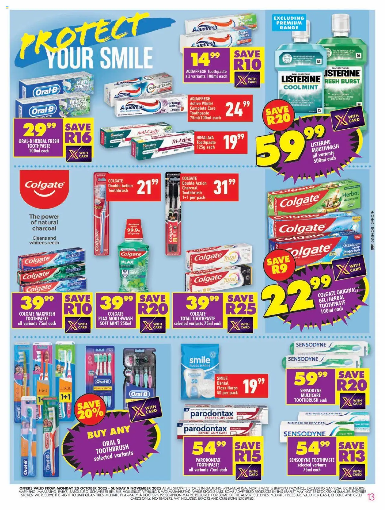 New Shoprite catalogue – valid from 20.10.2025 | Page: 13 | Products: Toothpaste, Mouthwash, Toothbrush