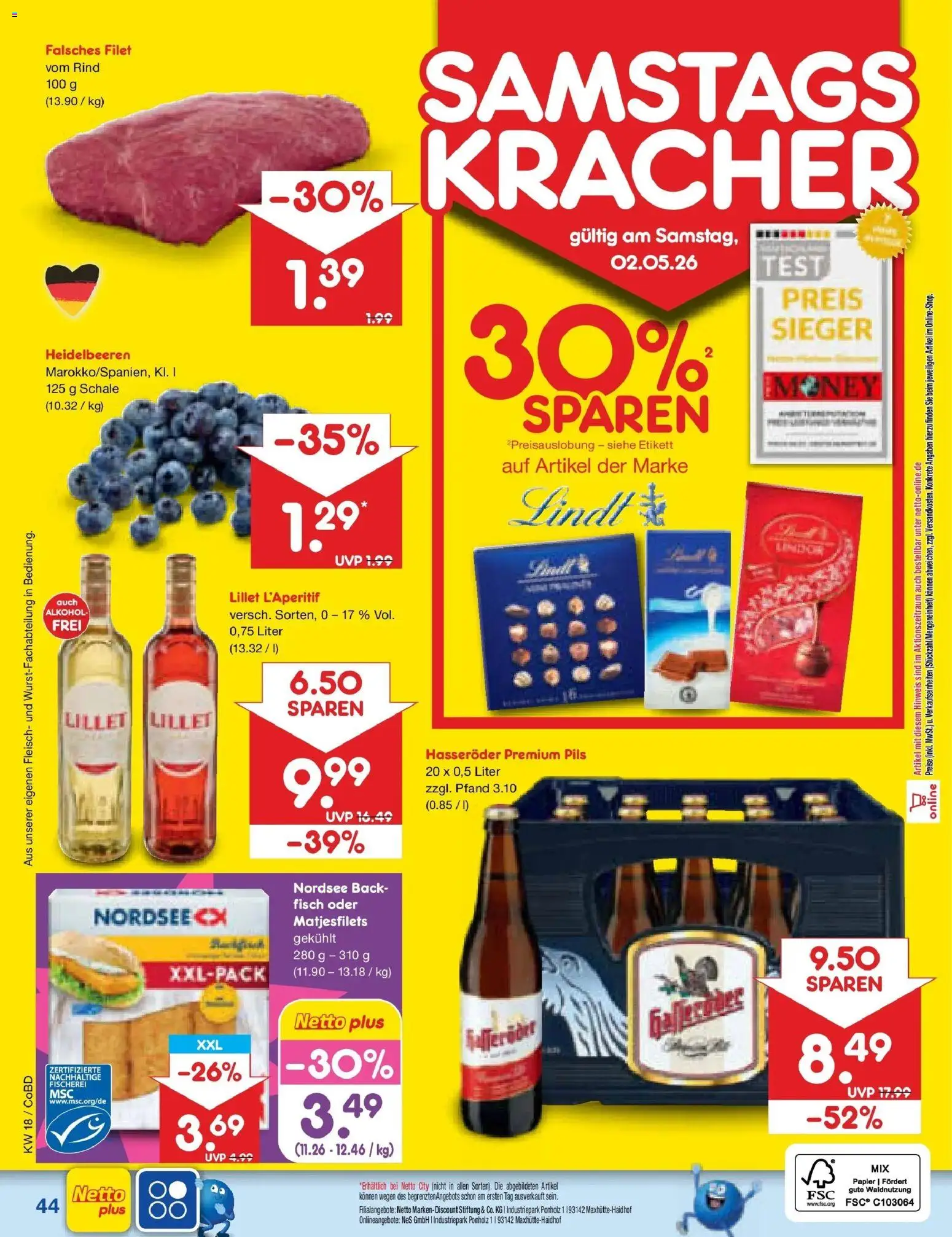 Netto Marken-Discount Prospekt Delitzsch	 – gültig ab 27.04.2026 | Seite: 62 | Produkte: Pils, Heidelbeeren, Fisch, Lindt