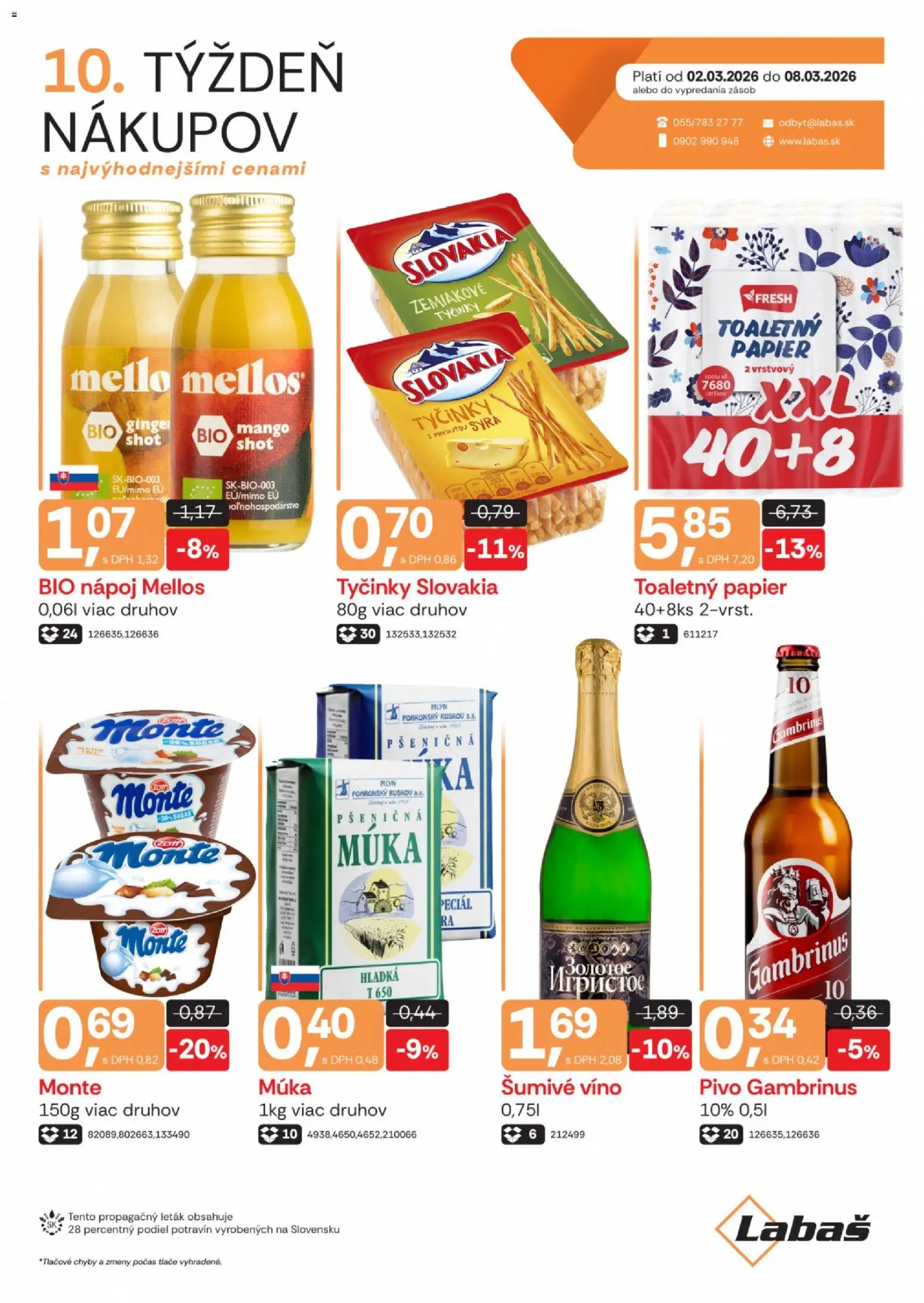 Nové Labaš akcie – leták je platný od 02.03.2026 | Strana: 1 | Produkty: Pivo, Toaletný papier, Mango, Gambrinus