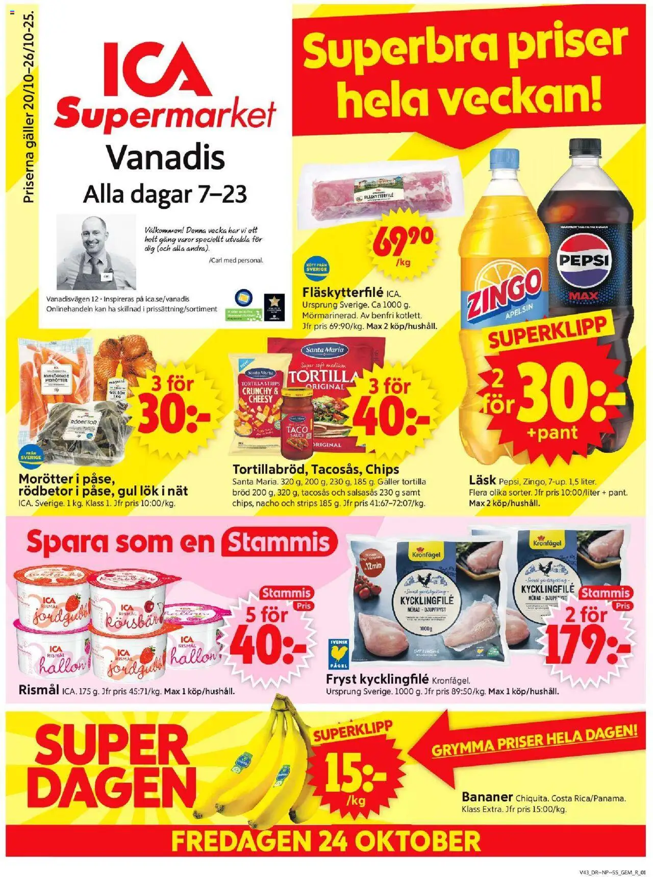 ICA Supermarket reklamblad aktuell från 20.10.2025 | Sida: 1 | Produkter: Tacosås, Fläskytterfilé, Pepsi, Gul lök