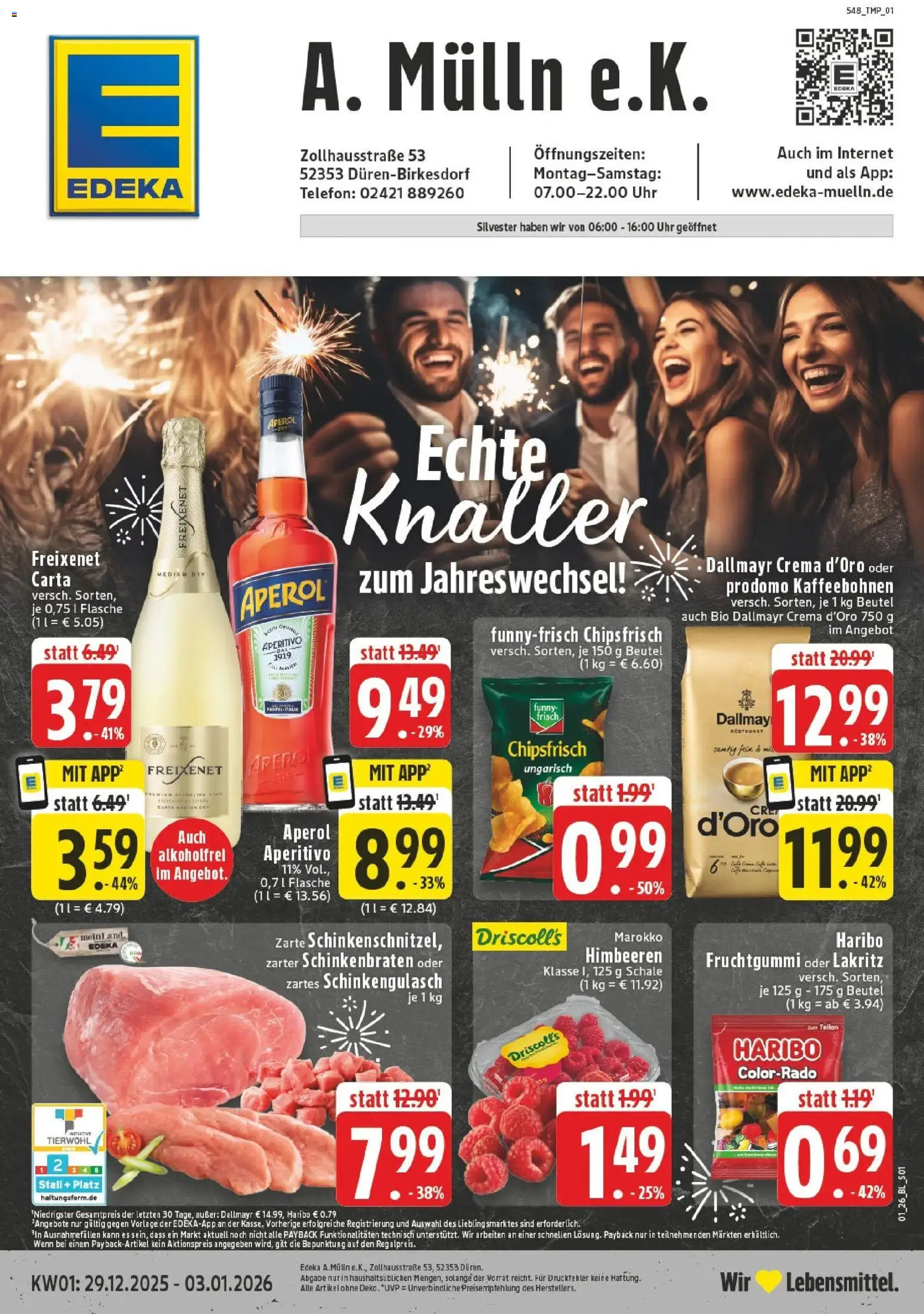 Edeka prospekt Düren-Birkesdorf	 – gültig ab 28.12.2025 | Seite: 1 | Produkte: Himbeeren, Haribo, Aperol, Chips