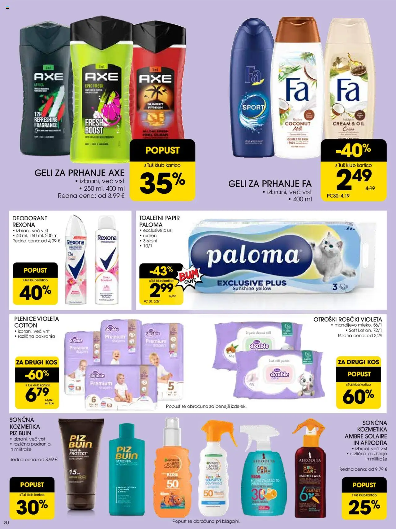 Tuš katalog │ velja od 30.07.2025 | Stran: 20 | Izdelki: Sončna kozmetika, Plenice, Robčki, Kos