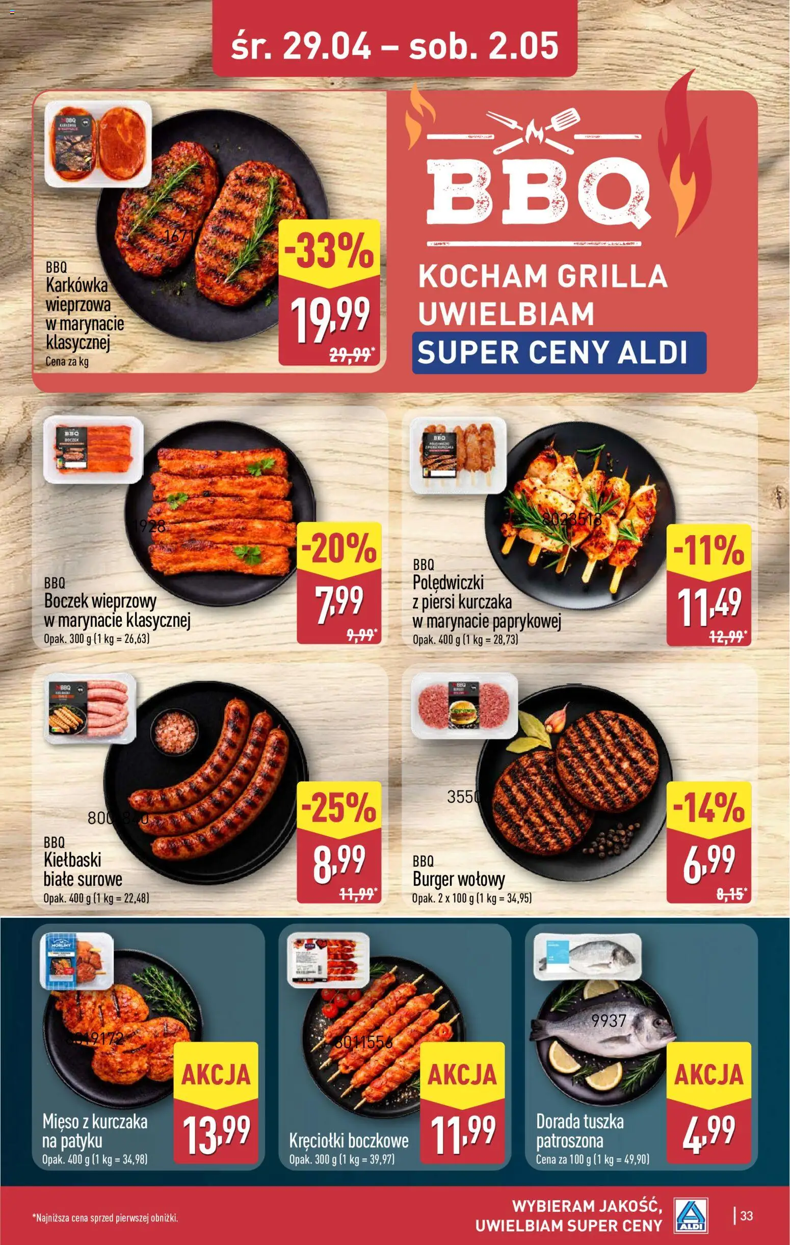 Aldi gazetka od 27.04.2026 | Strona: 33 | Produkty: Burger wołowy, Piersi, Boczek, Mięso z kurczaka