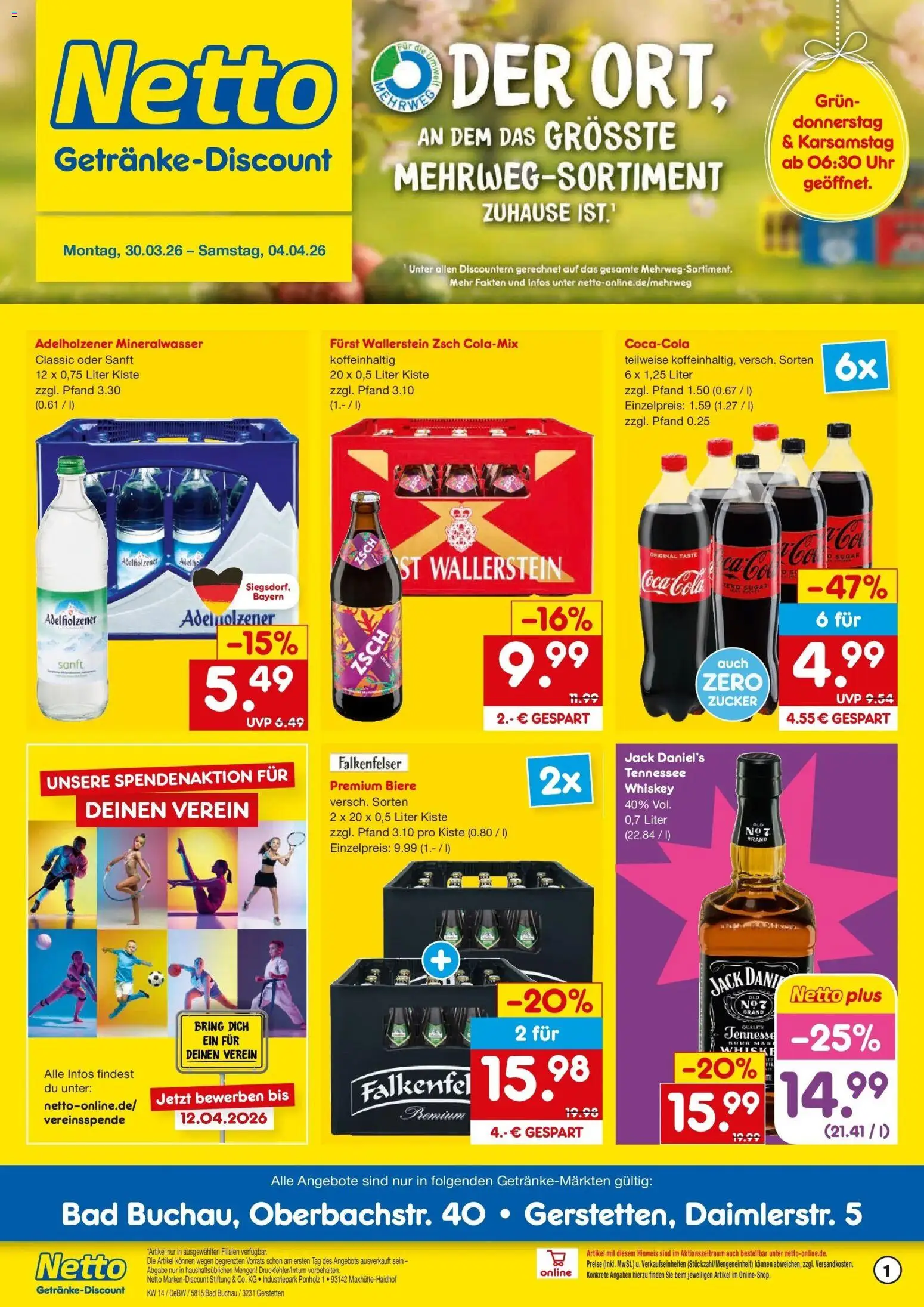 Netto Marken-Discount Prospekt Gerstetten	 – gültig ab 30.03.2026 | Seite: 1 | Produkte: Adelholzener, Jack Daniel's, Mineralwasser, Uhr