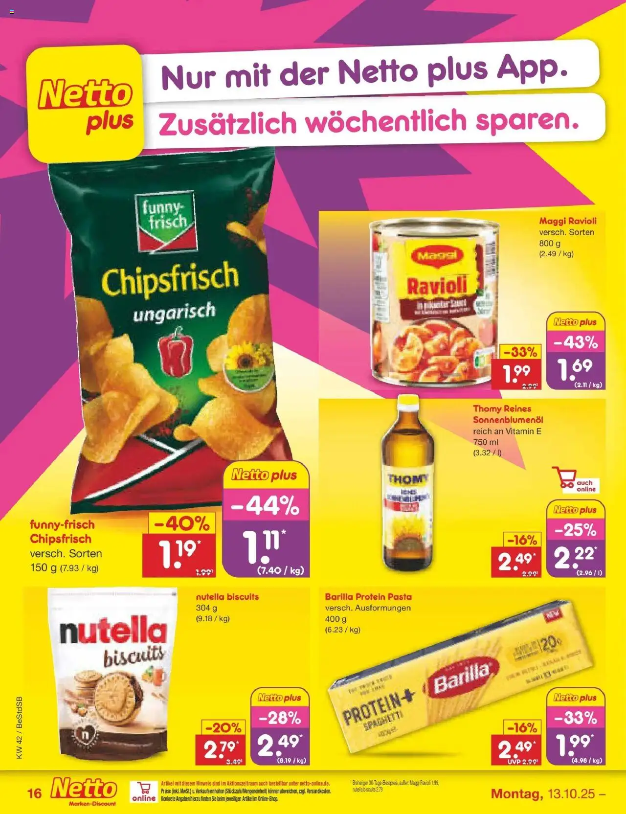 Netto Marken-Discount Prospekt 	 – gültig ab 13.10.2025 | Seite: 18 | Produkte: Maggi, Barilla, Sonnenblumenol, Funny frisch