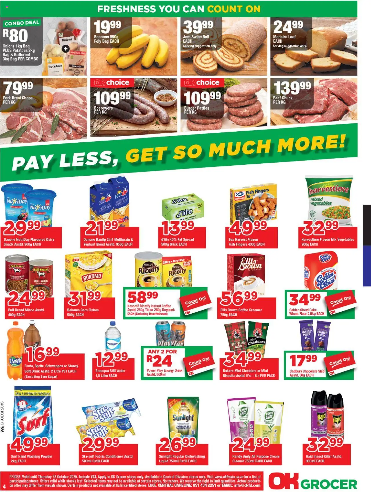 New OK Foods catalogue – valid from 15.10.2025 | Page: 4 | Products: Cheese, Bananas, Flakes, Water