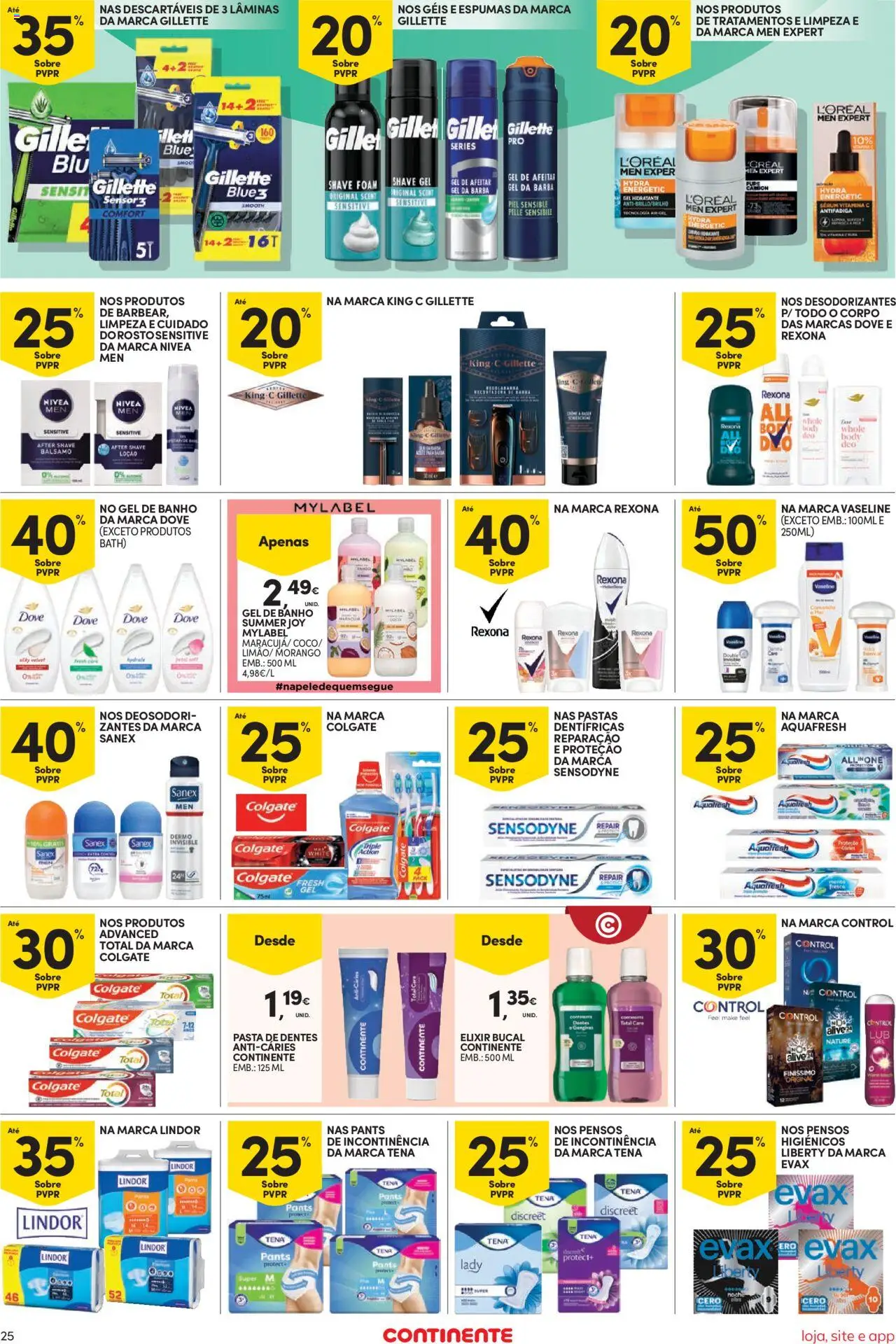 Continente Semanal Continente Bom Dia │ válido de 30.09.2025 | Página: 25 | Produtos: Pensos higiénicos, Pasta de dentes, Sérum, Vitamina c