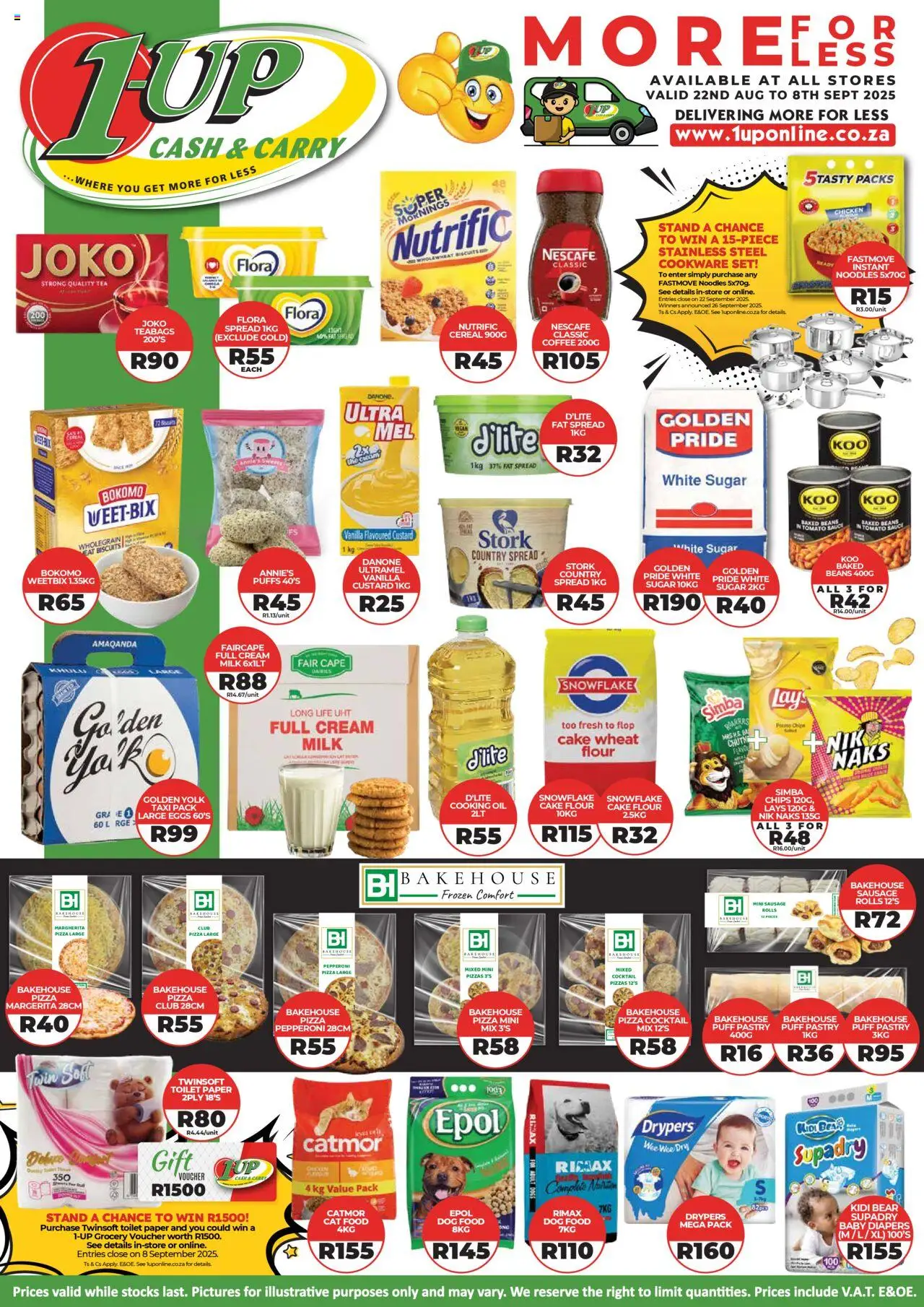 1UP Cash & Carry Specials │ valid from 22.08.2025 | Page: 1 | Products: Milk, Cookware, Tomato sauce, Sausage