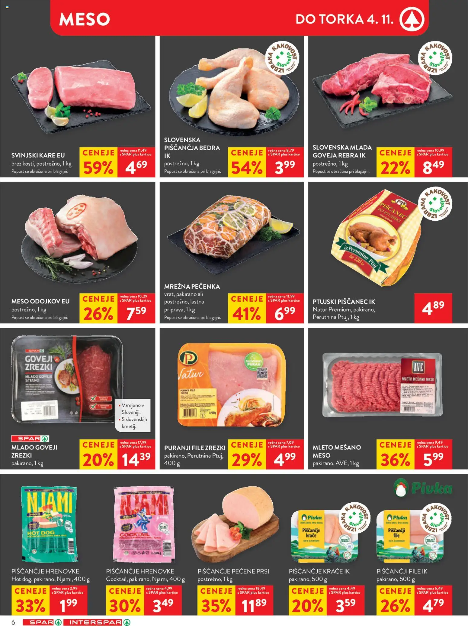 Novi Spar katalog ponudbe – veljaven od 29.10.2025 | Stran: 9 | Izdelki: Hrenovke, Piščančja bedra, Zrezki