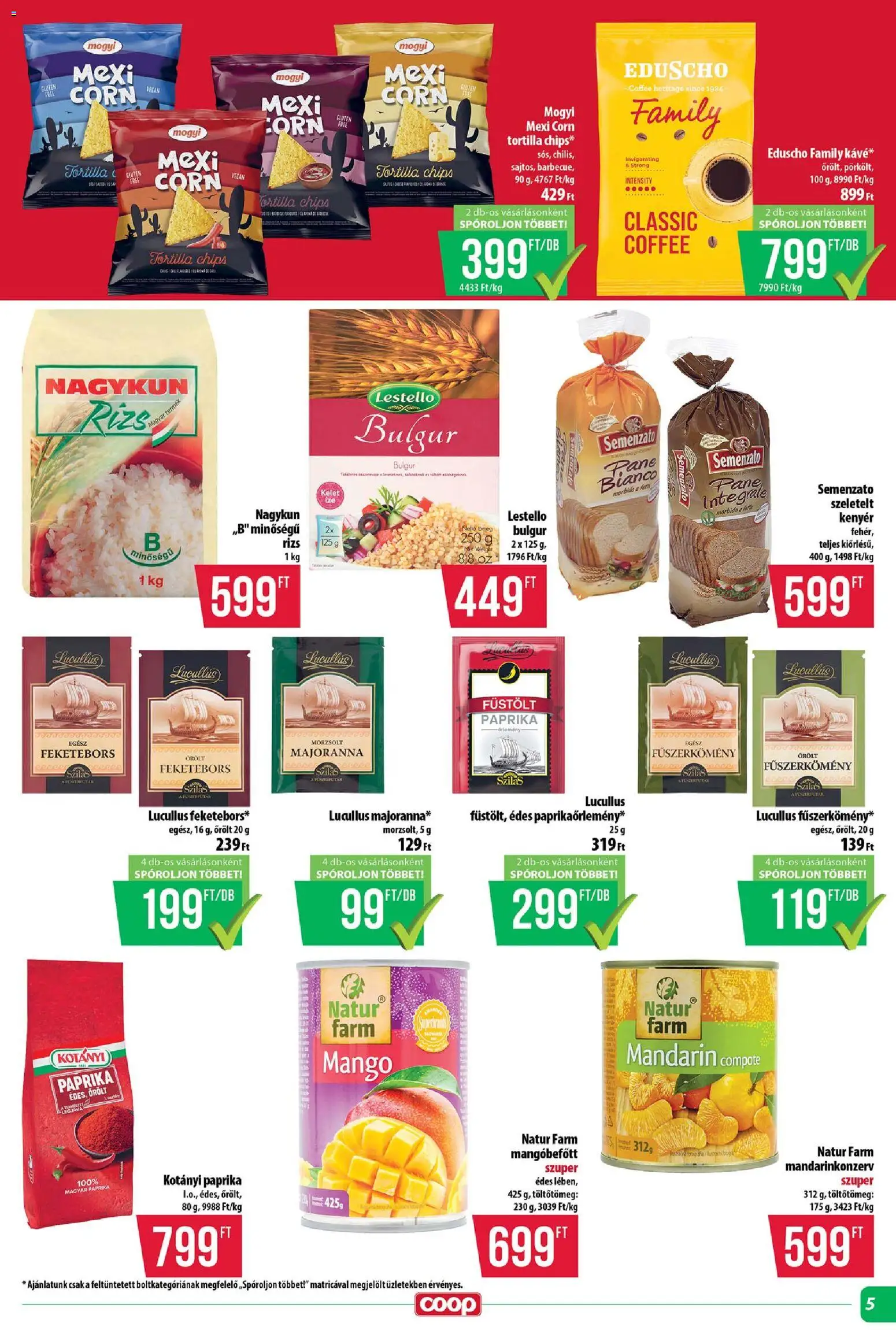 COOP akciós ujság - amely érvényes a következő dátumtól: 19.02.2026 | Oldal: 5 | Termékek: Chips, Tortilla, Bulgur, Rizs