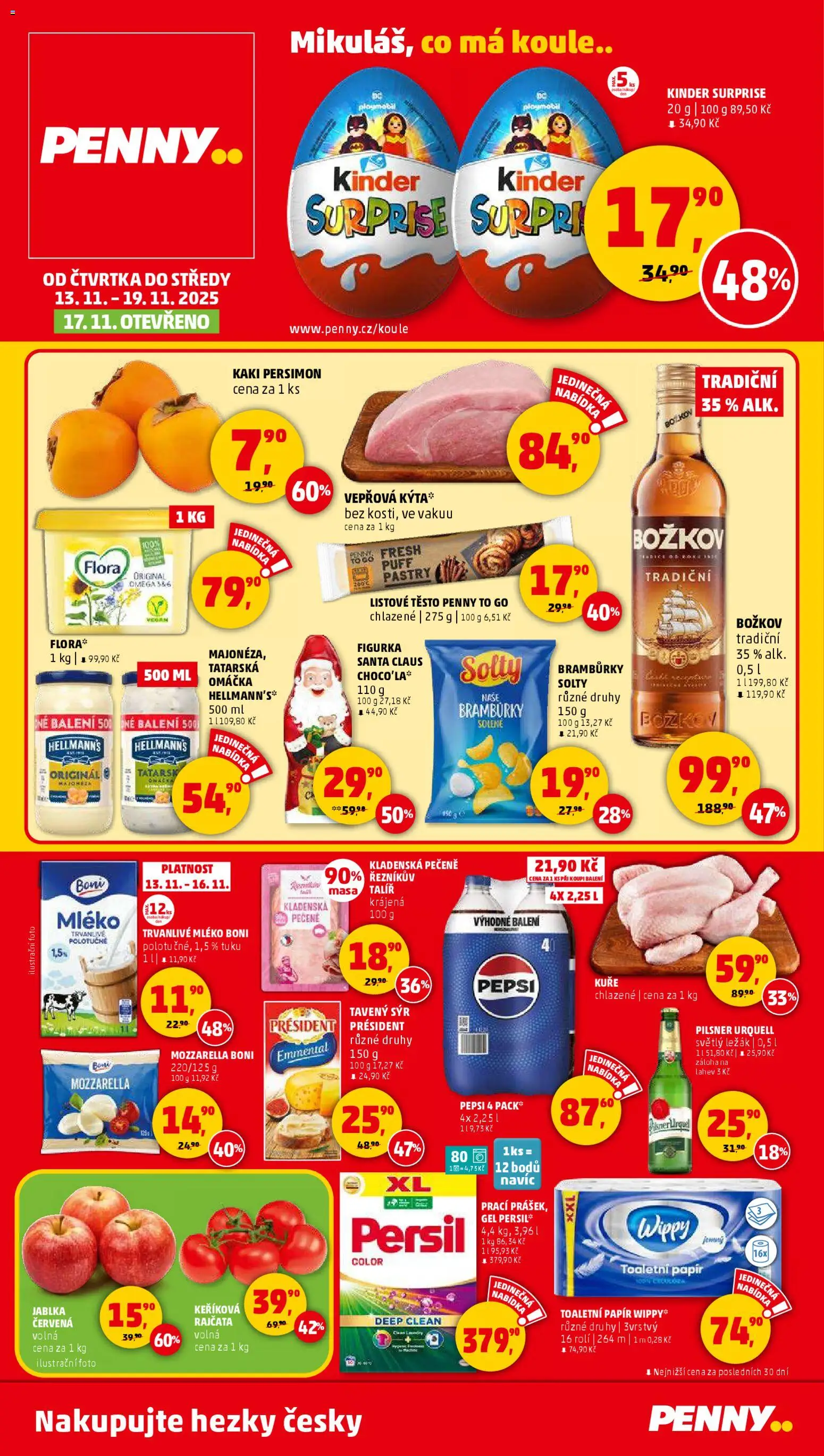 Penny Market leták - Čtvrtečník od 13.11.2025 | Strana: 1 | Produkty: Pilsner, Božkov, Kuře, Flora
