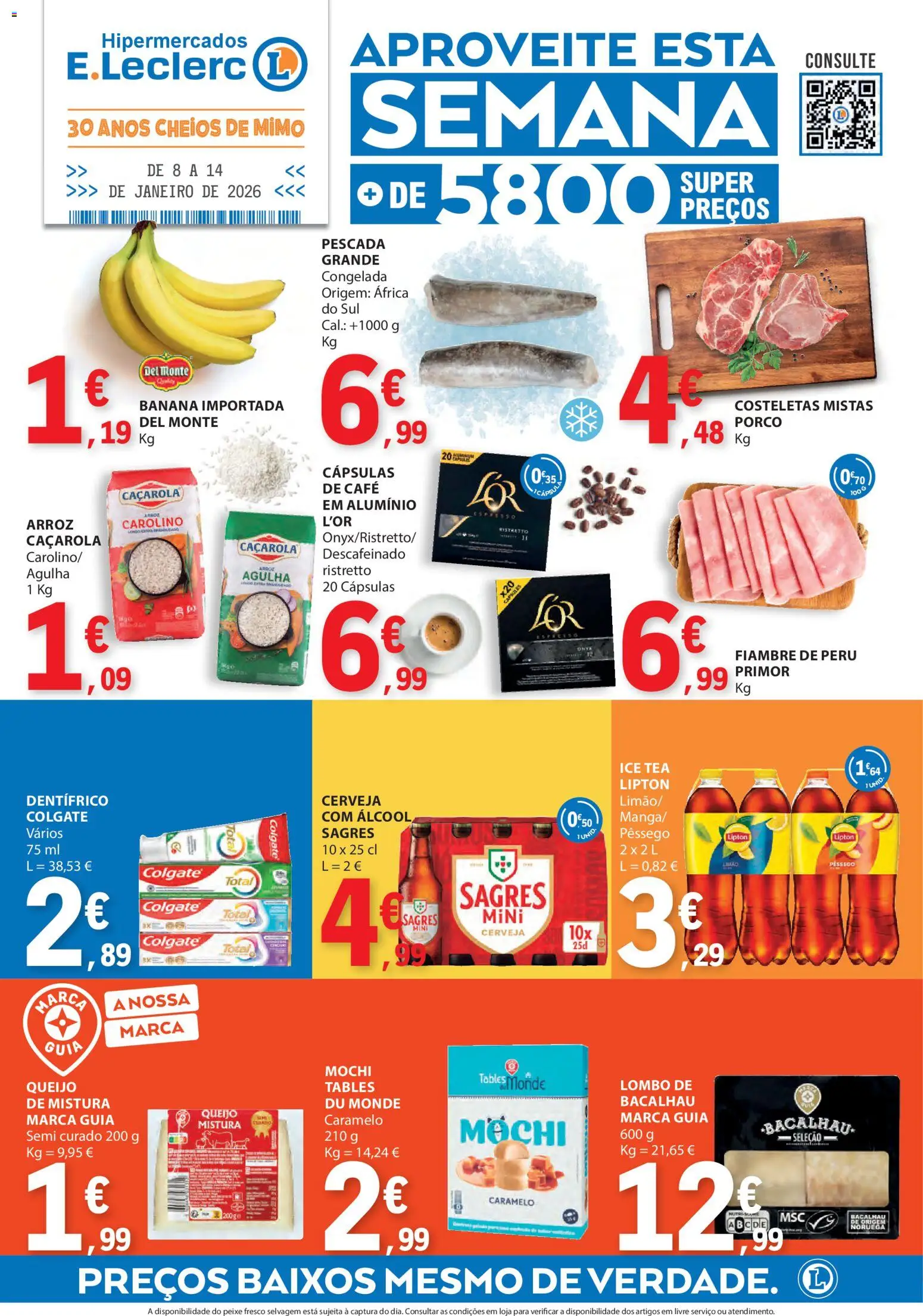 E.Leclerc folheto │ válido de 08.01.2026 | Página: 1 | Produtos: Bacalhau, Peru, Queijo, Arroz