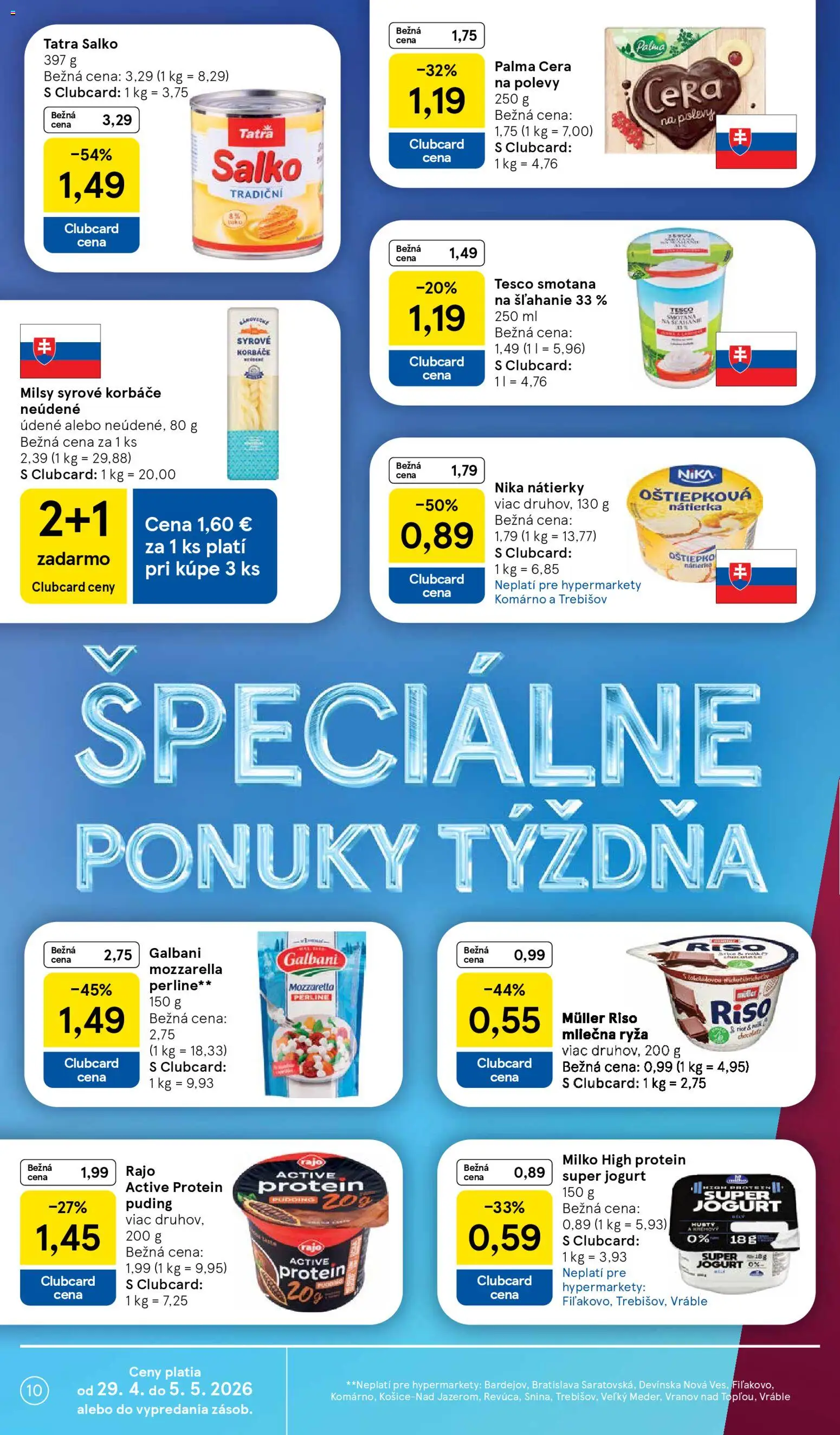 Nové Tesco akcie – leták je platný od 29.04.2026 | Strana: 10 | Produkty: Jogurt, Mozzarella, Puding, Smotana na šľahanie