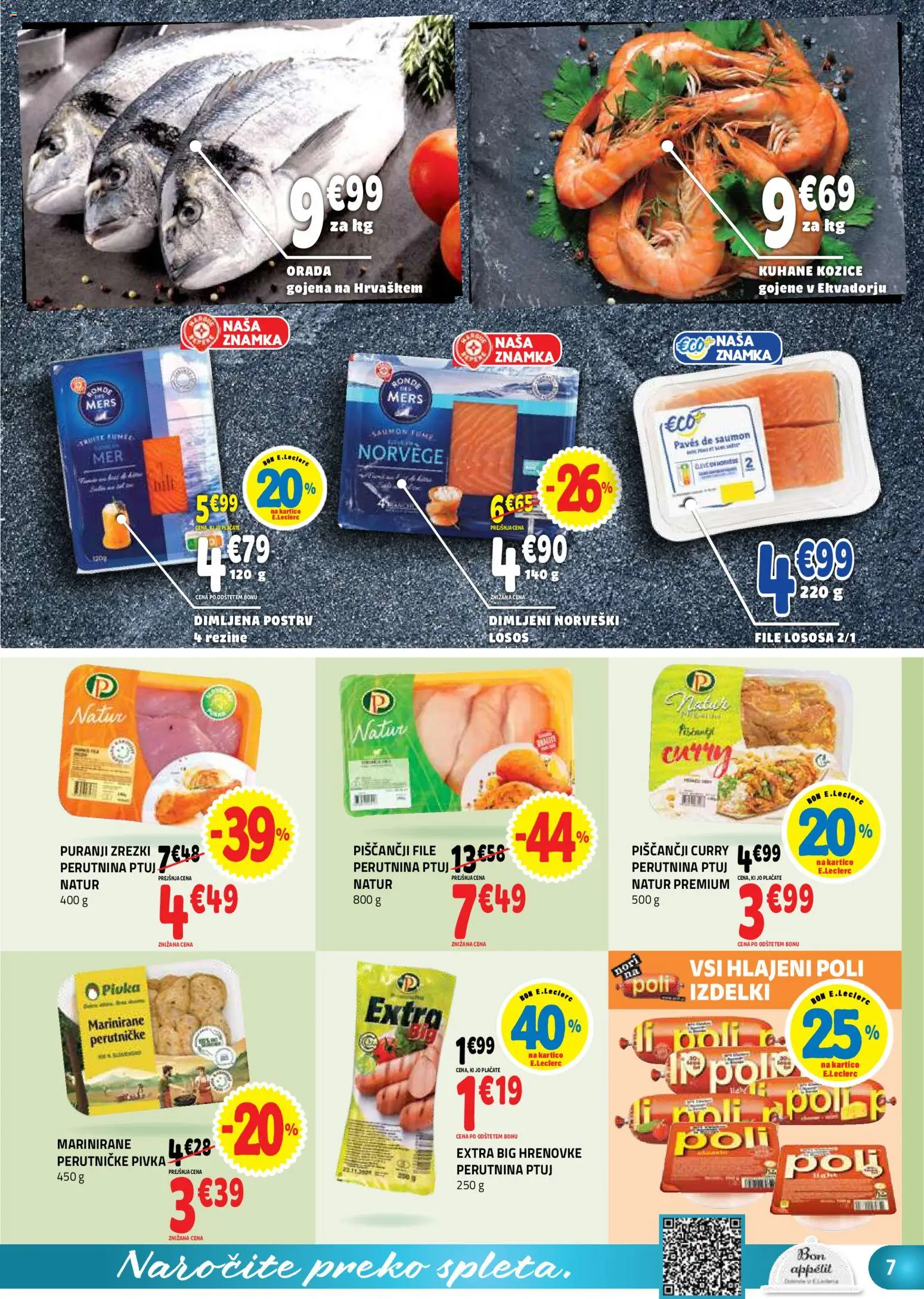 Novi E.leclerc katalog ponudbe – veljaven od 29.04.2026 | Stran: 7 | Izdelki: Hrenovke, Kozice, Losos, Orada