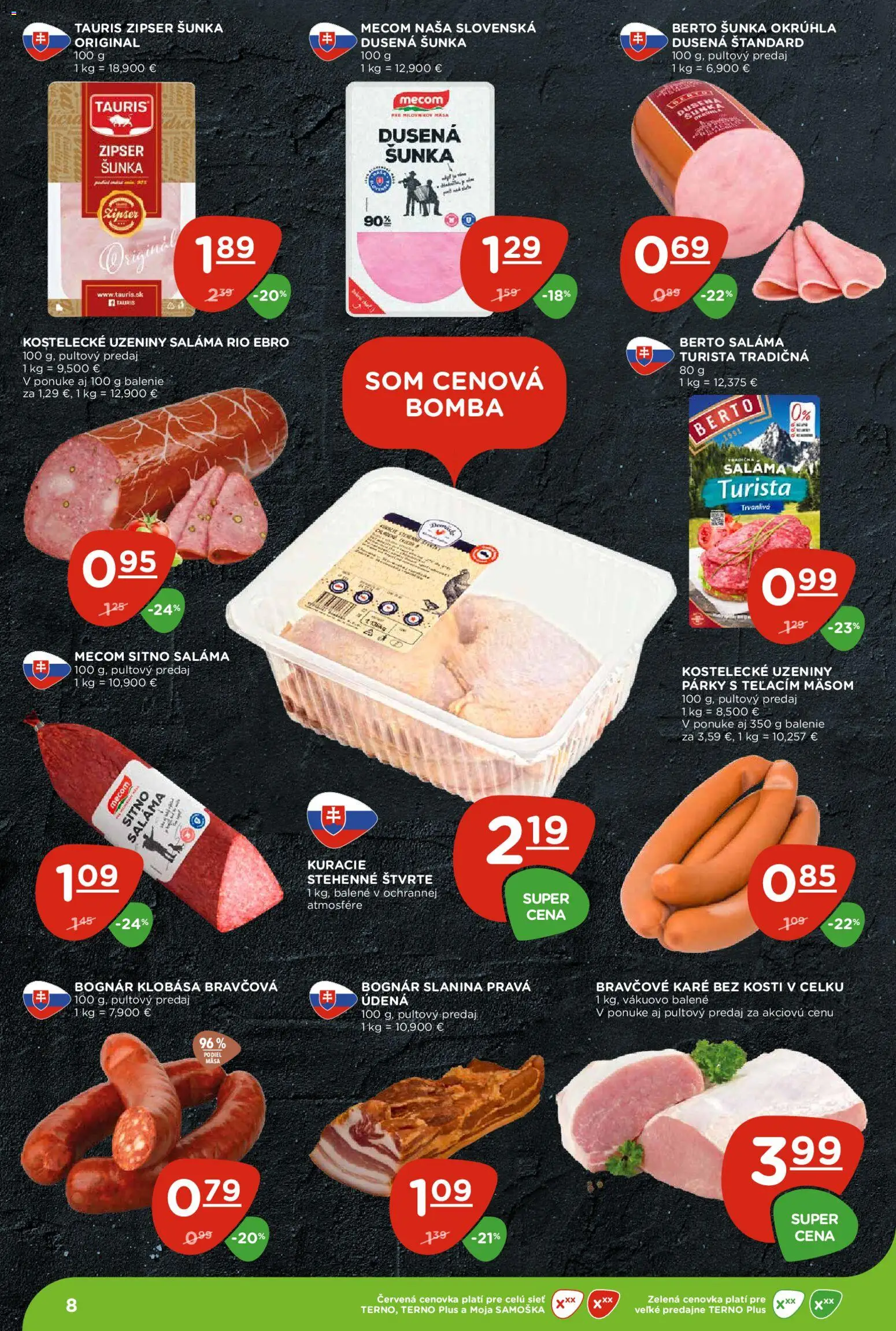 Nové Terno akcie – leták je platný od 26.02.2026 | Strana: 8 | Produkty: Saláma, Slanina, Párky, Bravčové karé