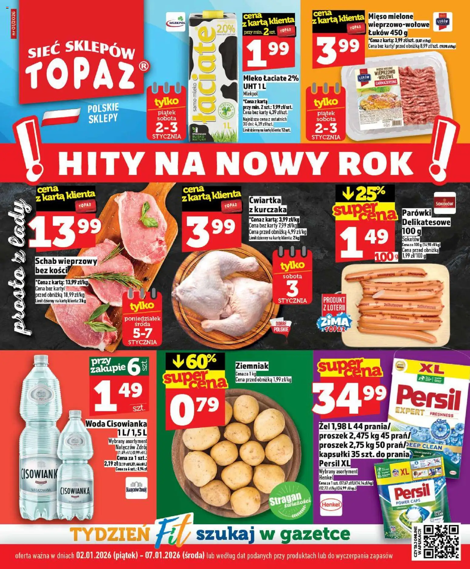 Topaz Gazetka MAZ od 02.01.2026 | Strona: 1 | Produkty: Persil, Schab wieprzowy, Mięso mielone, Mleko