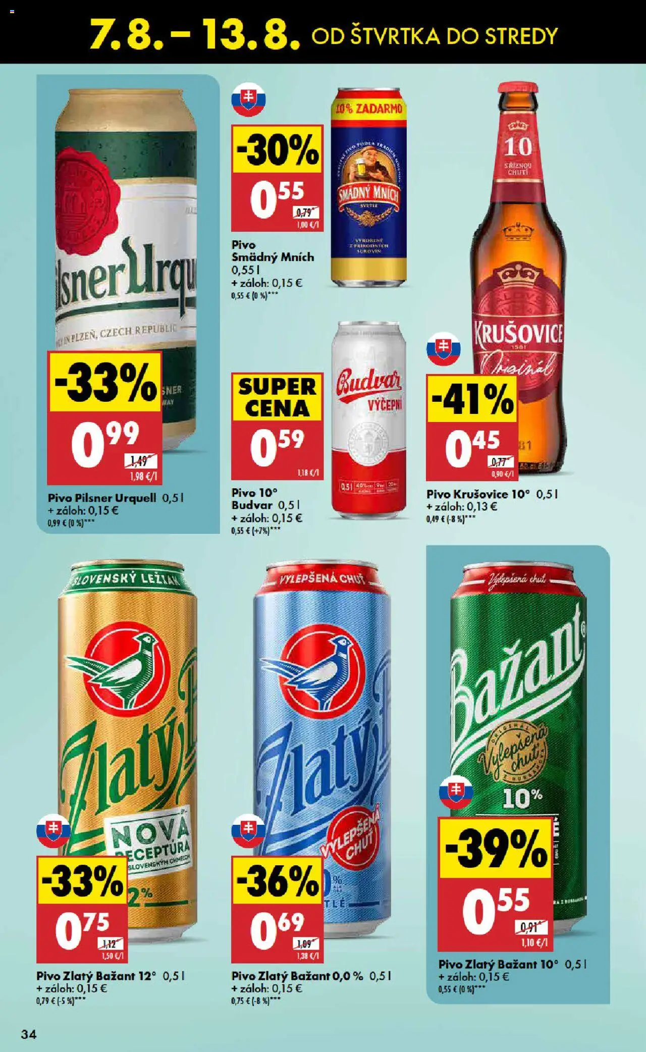 Biedronka leták │ platný od 07.08.2025 | Strana: 34 | Produkty: Krušovice, Budvar, Zlatý Bažant, Smädný Mních