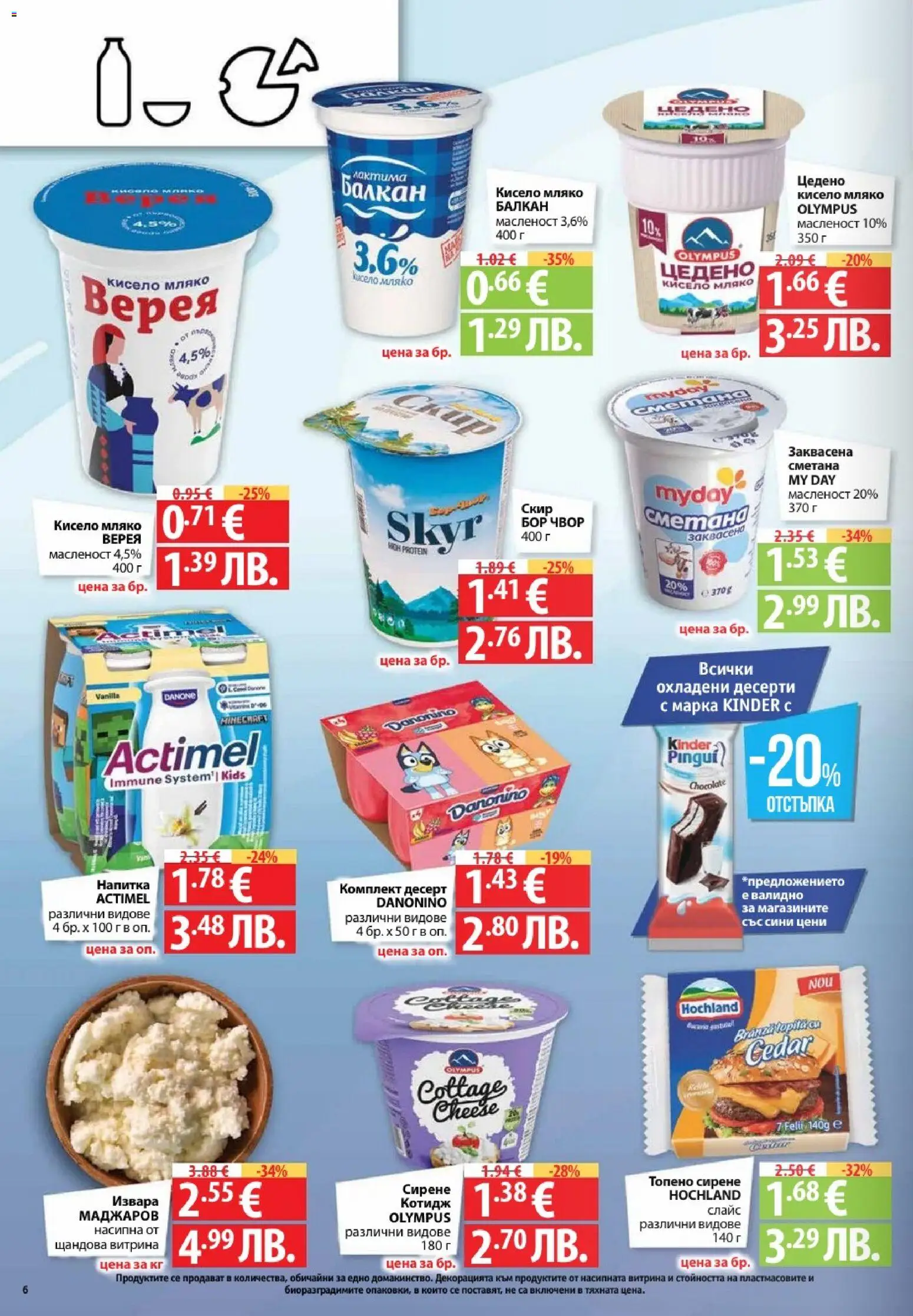 {H1} | Страница: 6 | Продукти: Кисело мляко, Сирене, Топено сирене, Напитка