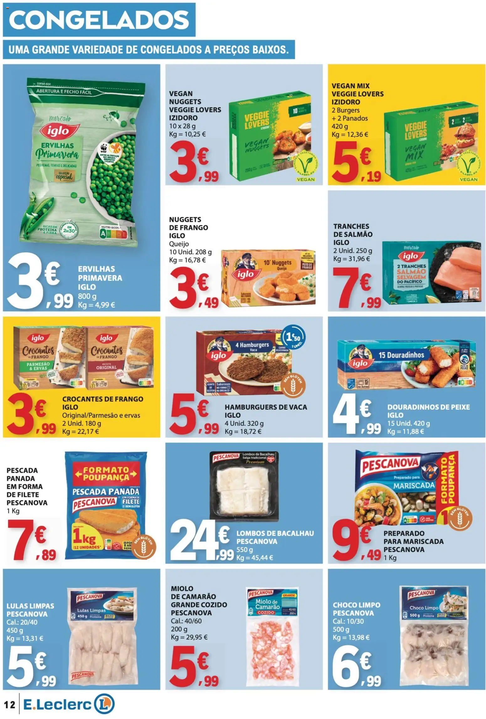 E.Leclerc folheto │ válido de 19.03.2026 | Página: 12 | Produtos: Bacalhau, Frango, Lulas, Salmão