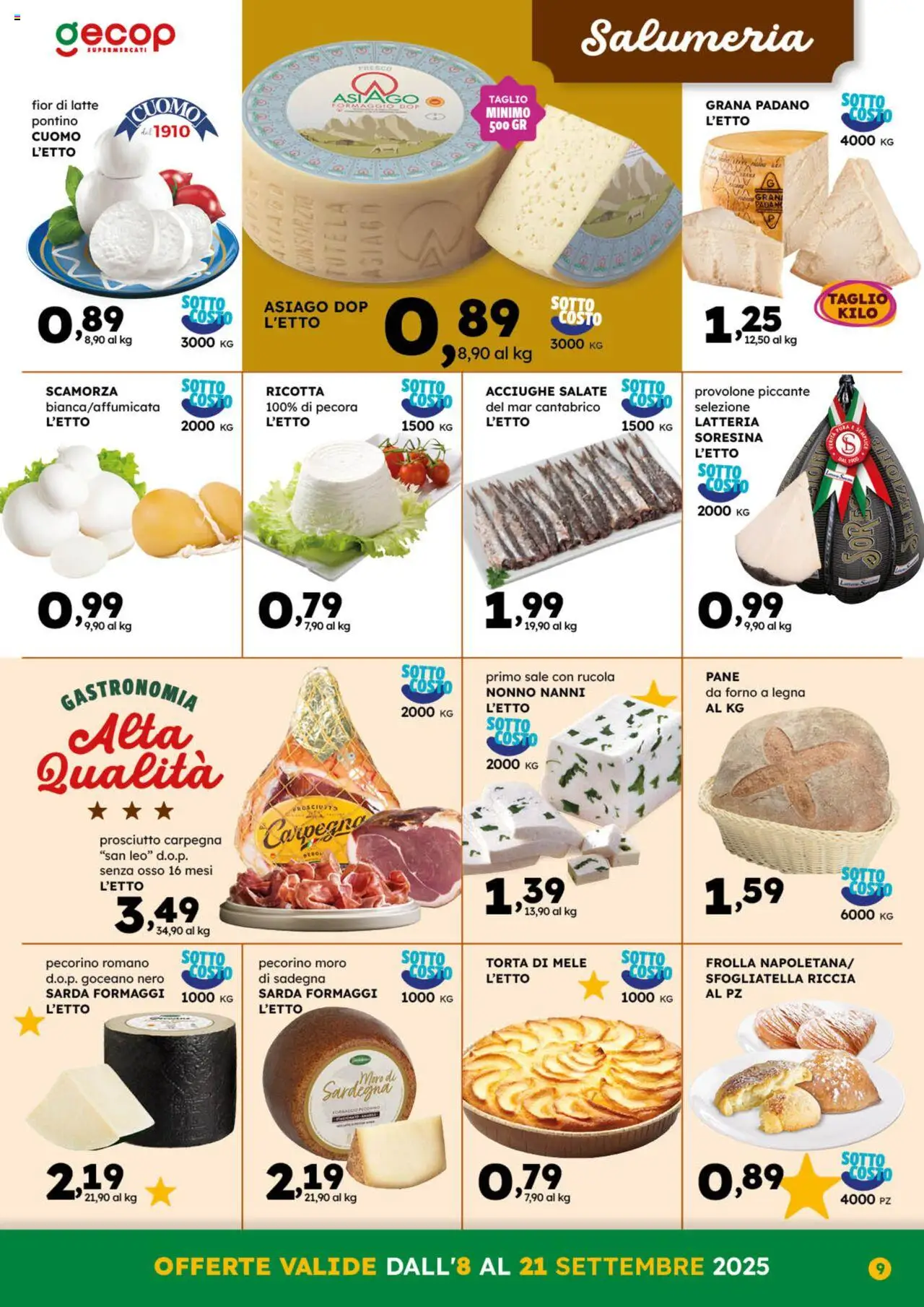 Volantino GECOP del 08.09.2025 | Pagina: 9 | Prodotti: Pane, Sale, Ricotta, Pecorino