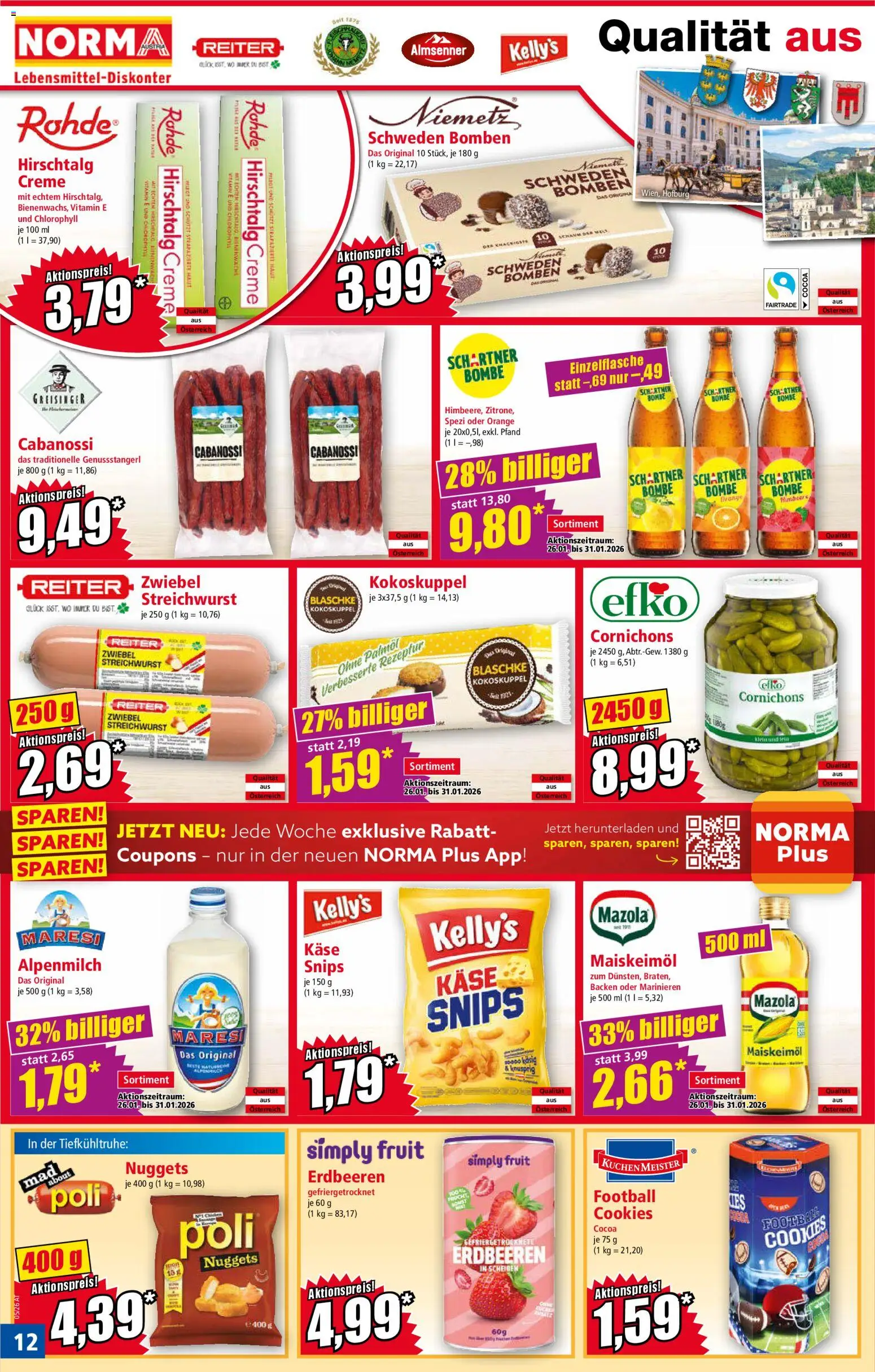 Norma Flugblatt gültig ab 26.01.2026 | Seite: 12 | Produkte: Erdbeeren, Käse, Creme