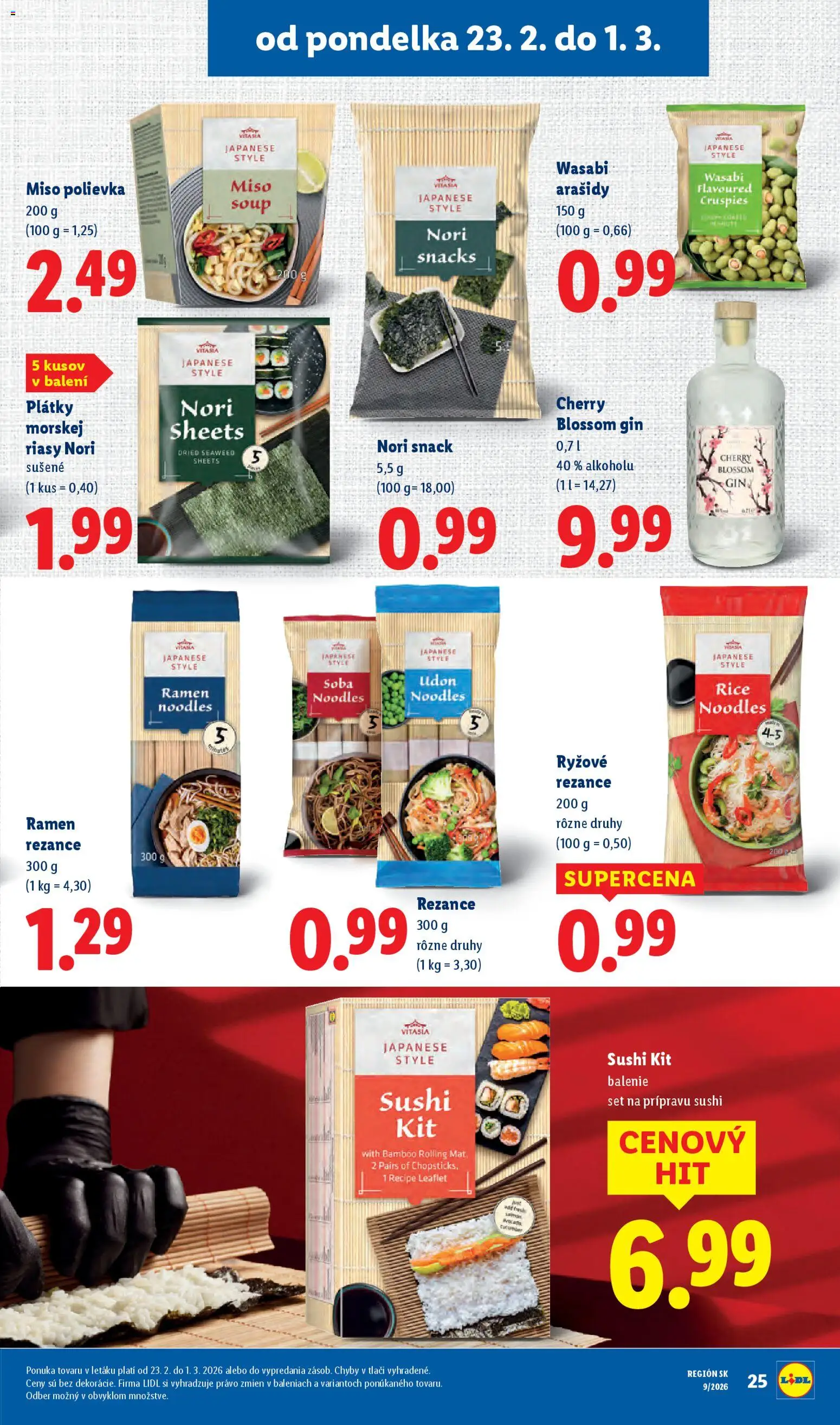 Nové Lidl akcie – leták je platný od 26.02.2026 | Strana: 65 | Produkty: Rezance, Gin, Sushi, Arašidy