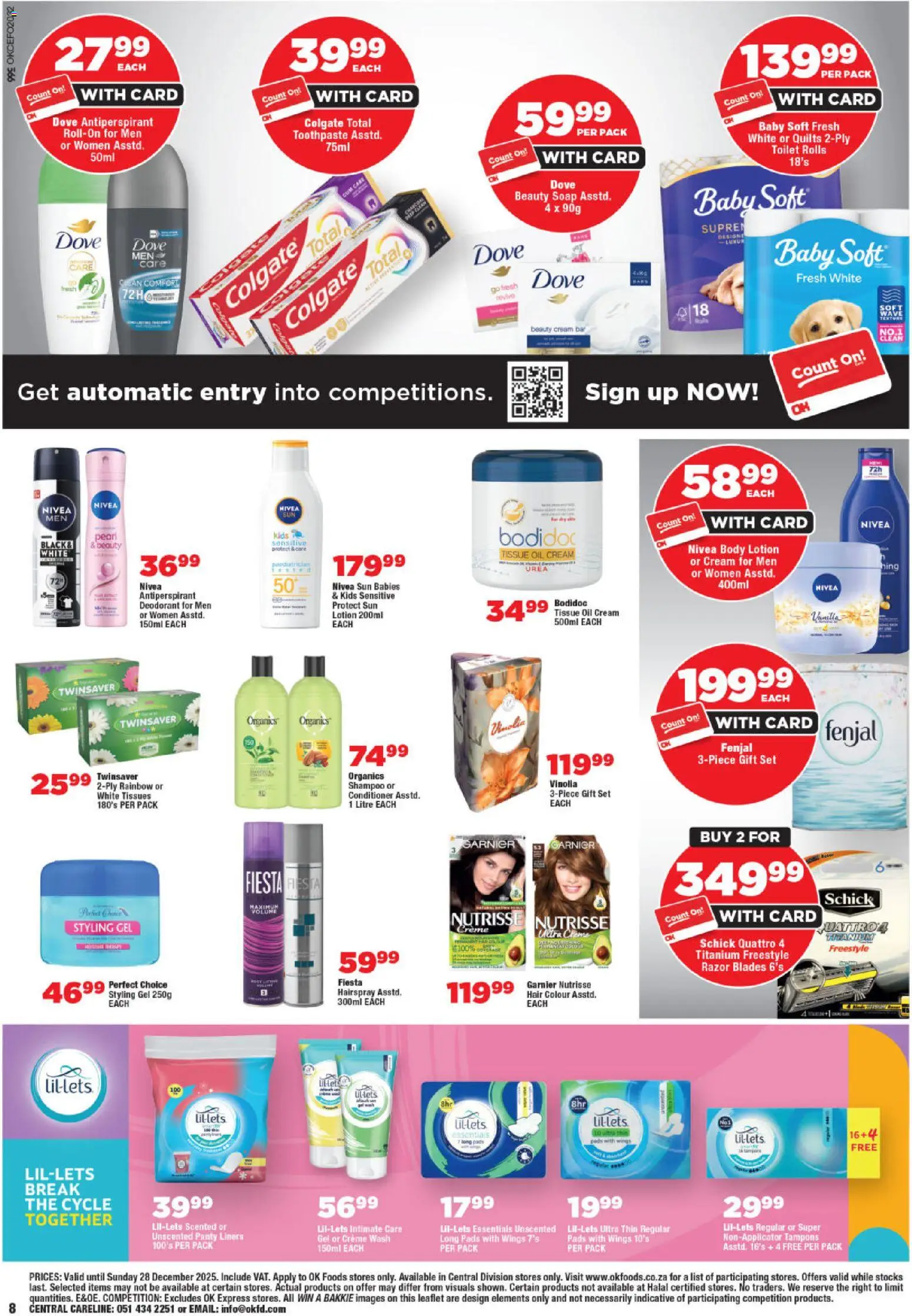 New OK Foods catalogue – valid from 10.12.2025 | Page: 8 | Products: Tissue oil, Soap, Toothpaste, Panty liners