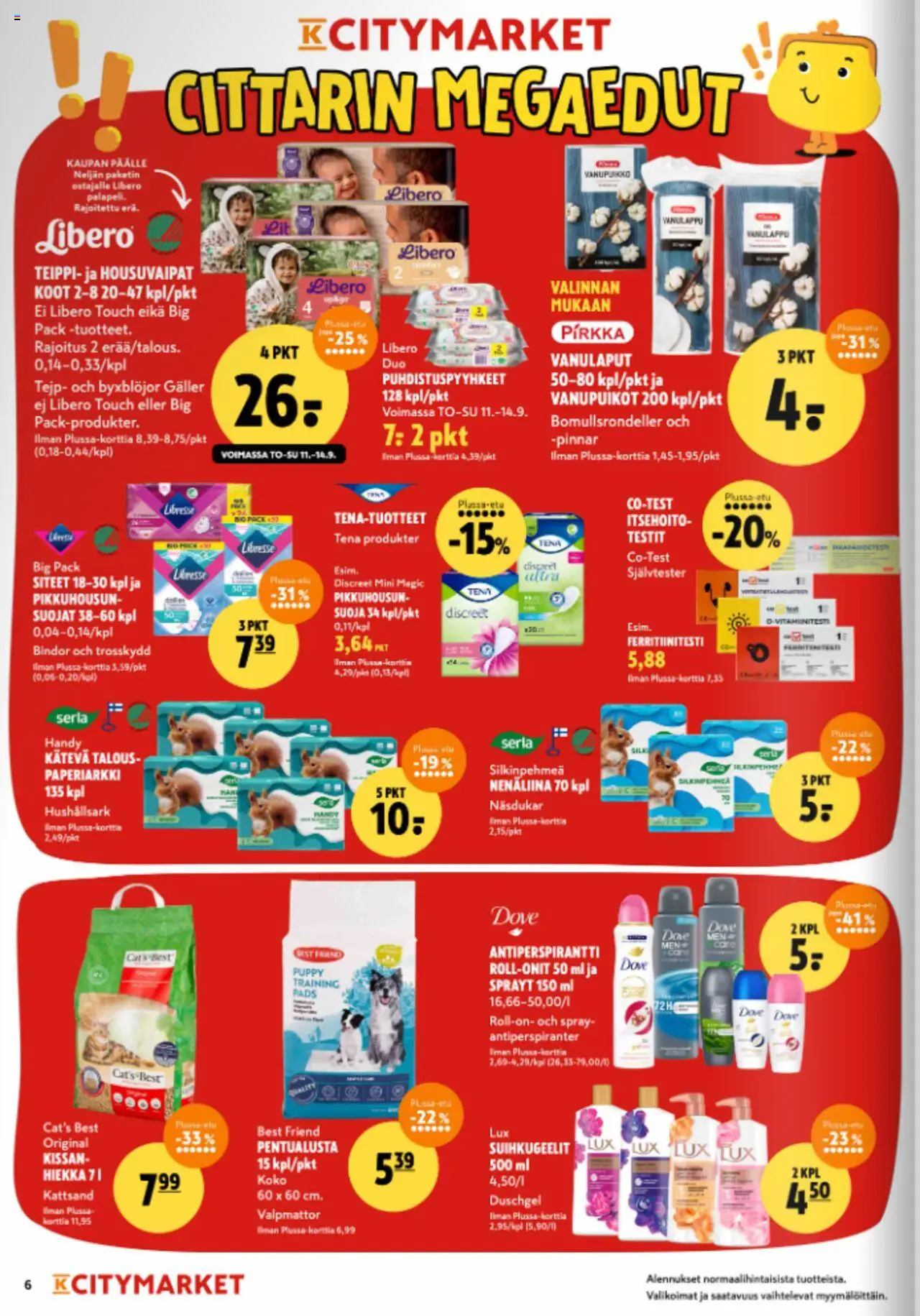 K-Citymarket tarjoukset – voimassa 11.09.2025 alkaen | Sivu: 6 | Tuotteet: Antiperspirantti, Nenäliina, Siteet, Puhdistuspyyhkeet