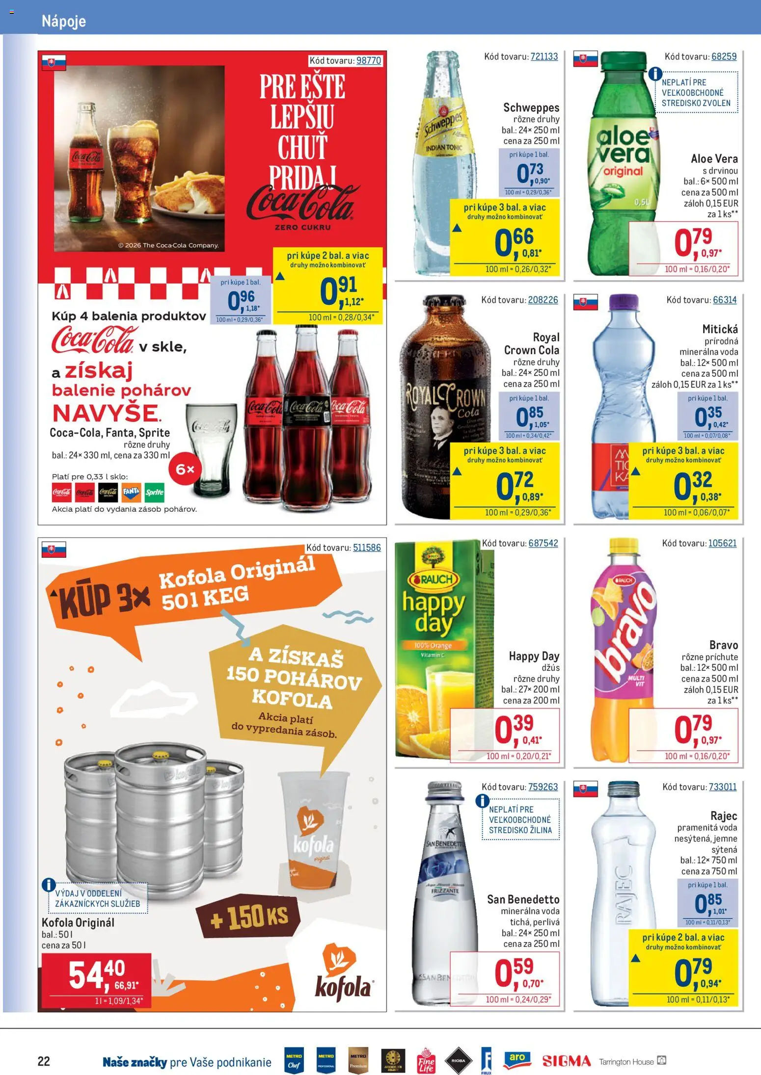 Nové Metro akcie – leták je platný od 22.04.2026 | Strana: 22 | Produkty: Džús, Rajec, Kofola, Voda