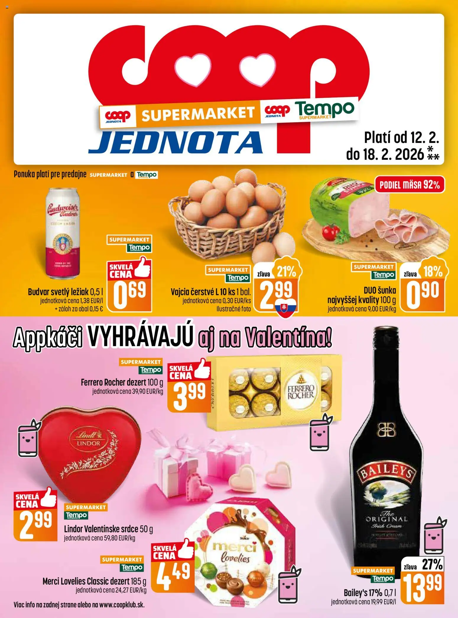 Nové COOP Jednota akcie – leták je platný od 12.02.2026 | Strana: 13 | Produkty: Vajcia, Šunka, Merci, Budvar