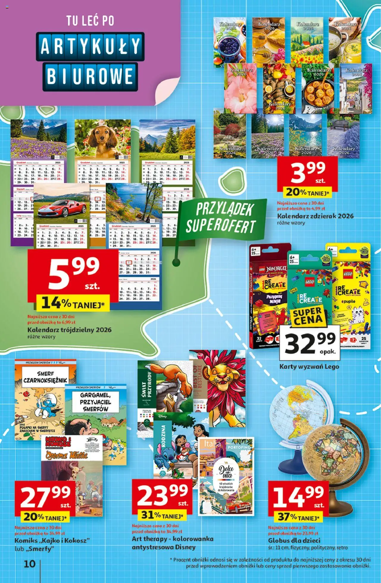 Auchan Gazetka - Odlotowe ceny na start szkoły Hipermarket od 28.08.2025 | Strona: 10 | Produkty: Kalendarz, Lego, Globus