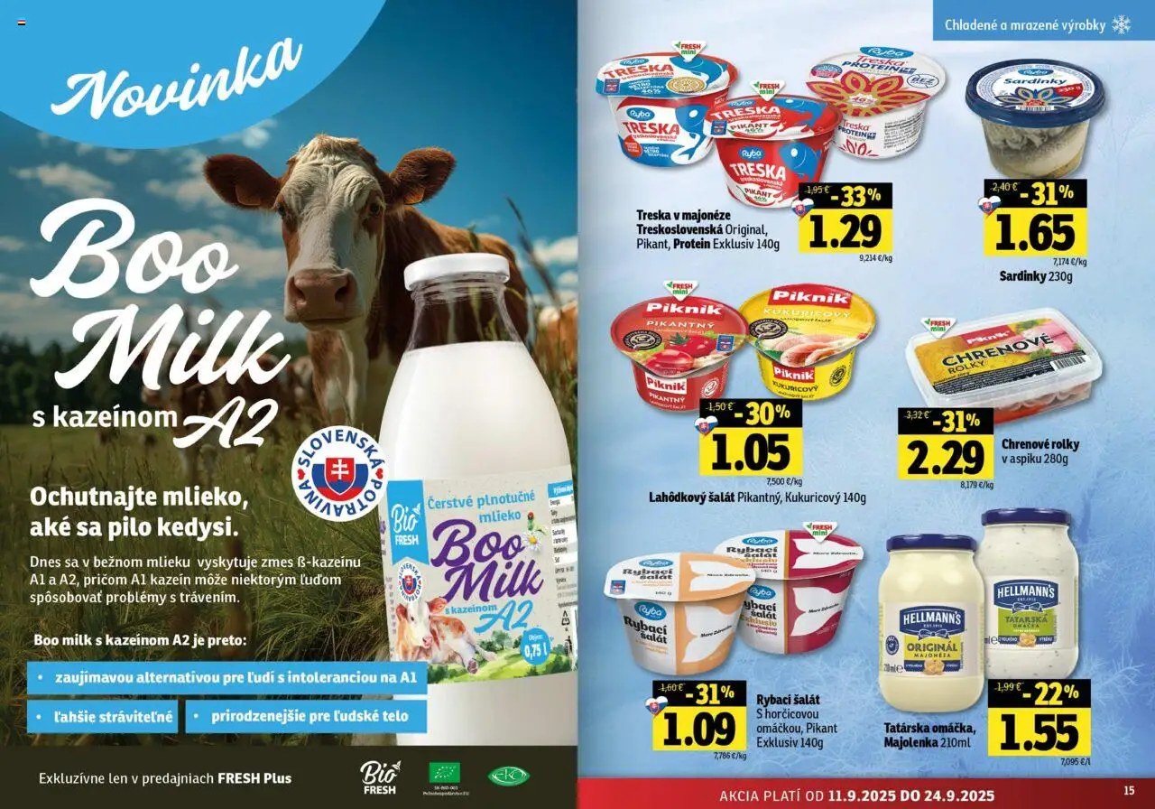 Nové Fresh akcie – leták je platný od 11.09.2025 | Strana: 8 | Produkty: Mlieko, Ryba, Šalát, Tatárska omáčka