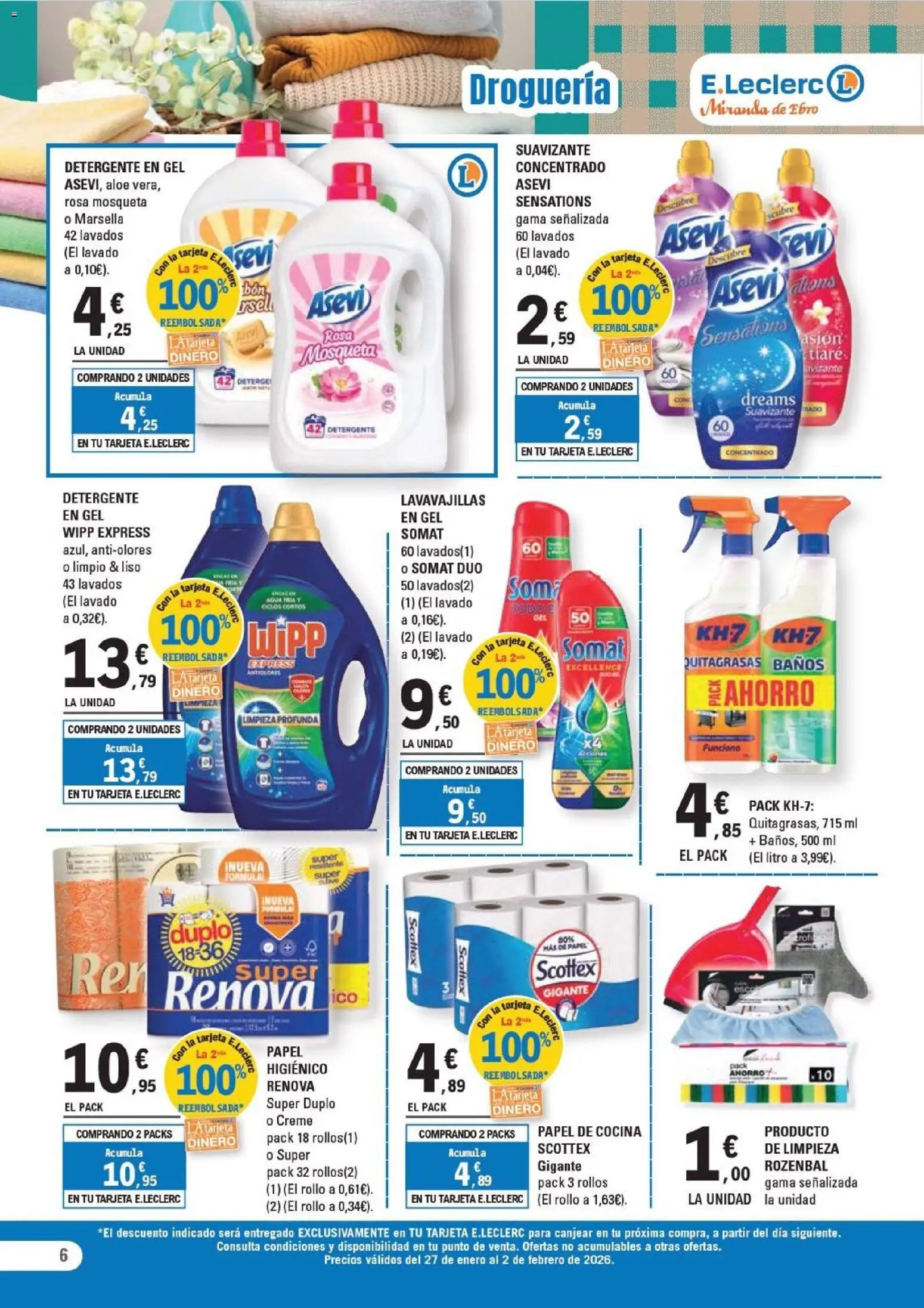 E.Leclerc folleto │ válido desde el 27.01.2026 | Página: 6 | Productos: Detergente, Papel higienico, Suavizante, Cocina