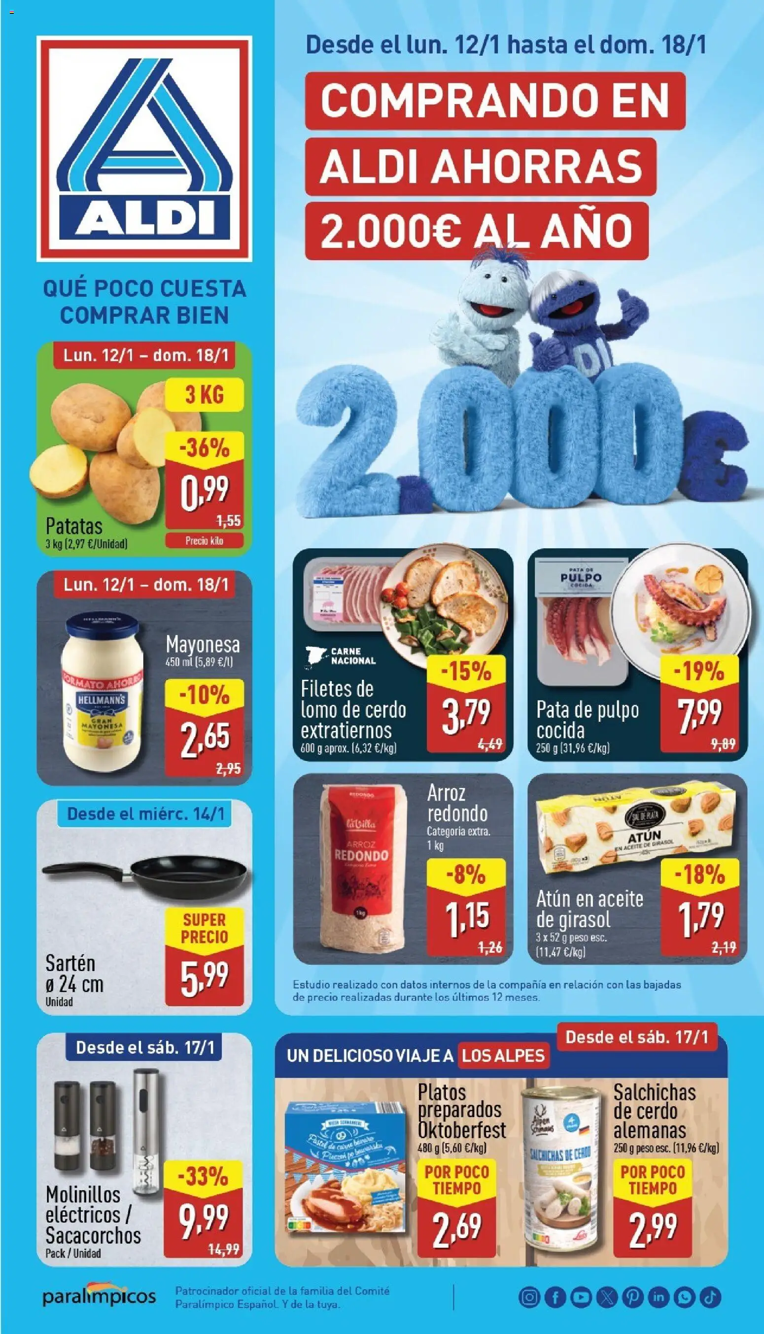 Aldi folleto Canarias │ válido desde el 12.01.2026 | Página: 1 | Productos: Aceite, Cerdo, Οθόνη προβολής, Peso