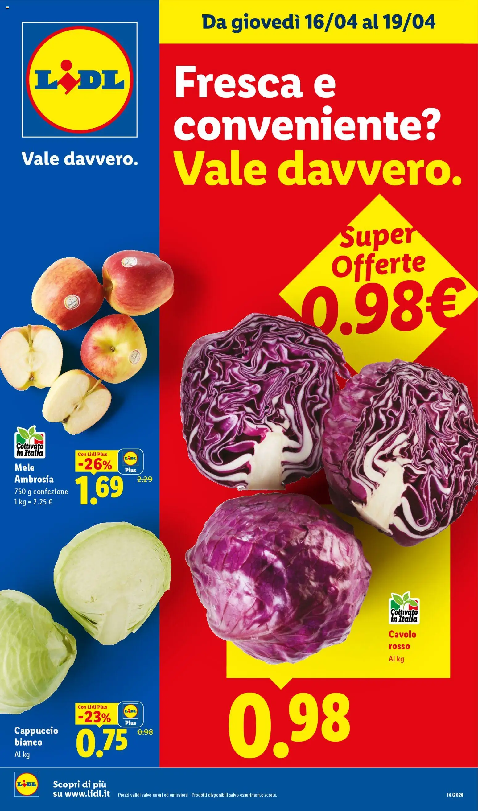 Volantino Lidl del 16.04.2026 | Pagina: 1 | Prodotti: Mele, Cavolo, Cappuccio