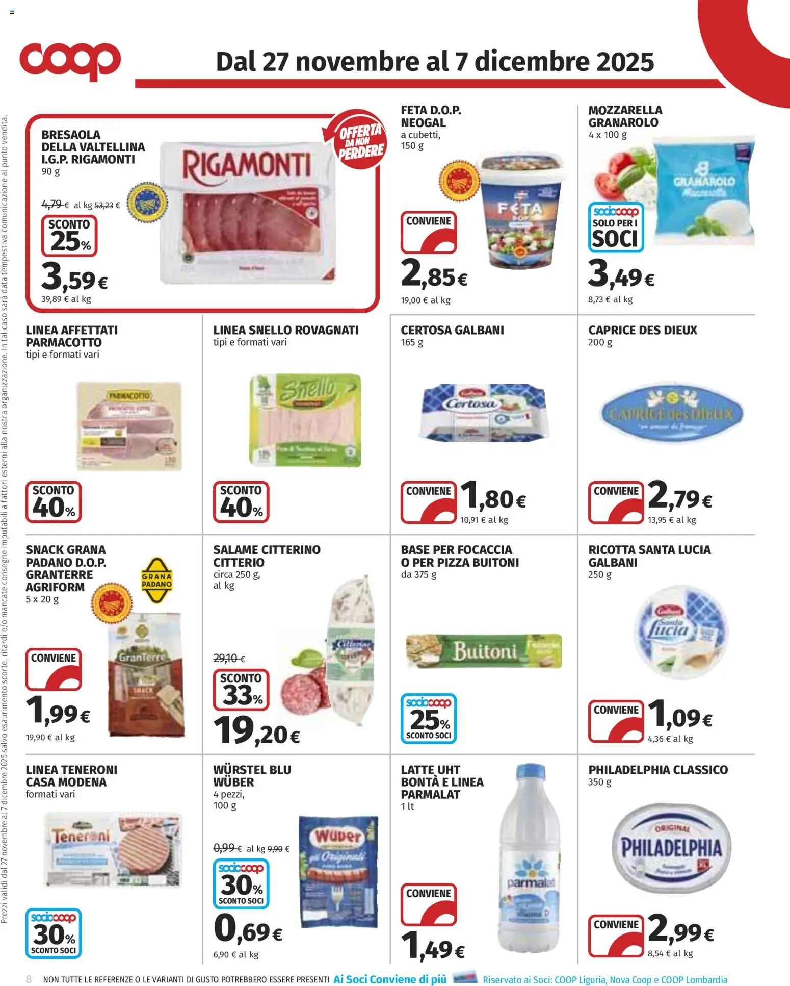 Volantino COOP del 27.11.2025 | Pagina: 8 | Prodotti: Pizza, Bresaola, Wurstel, Feta