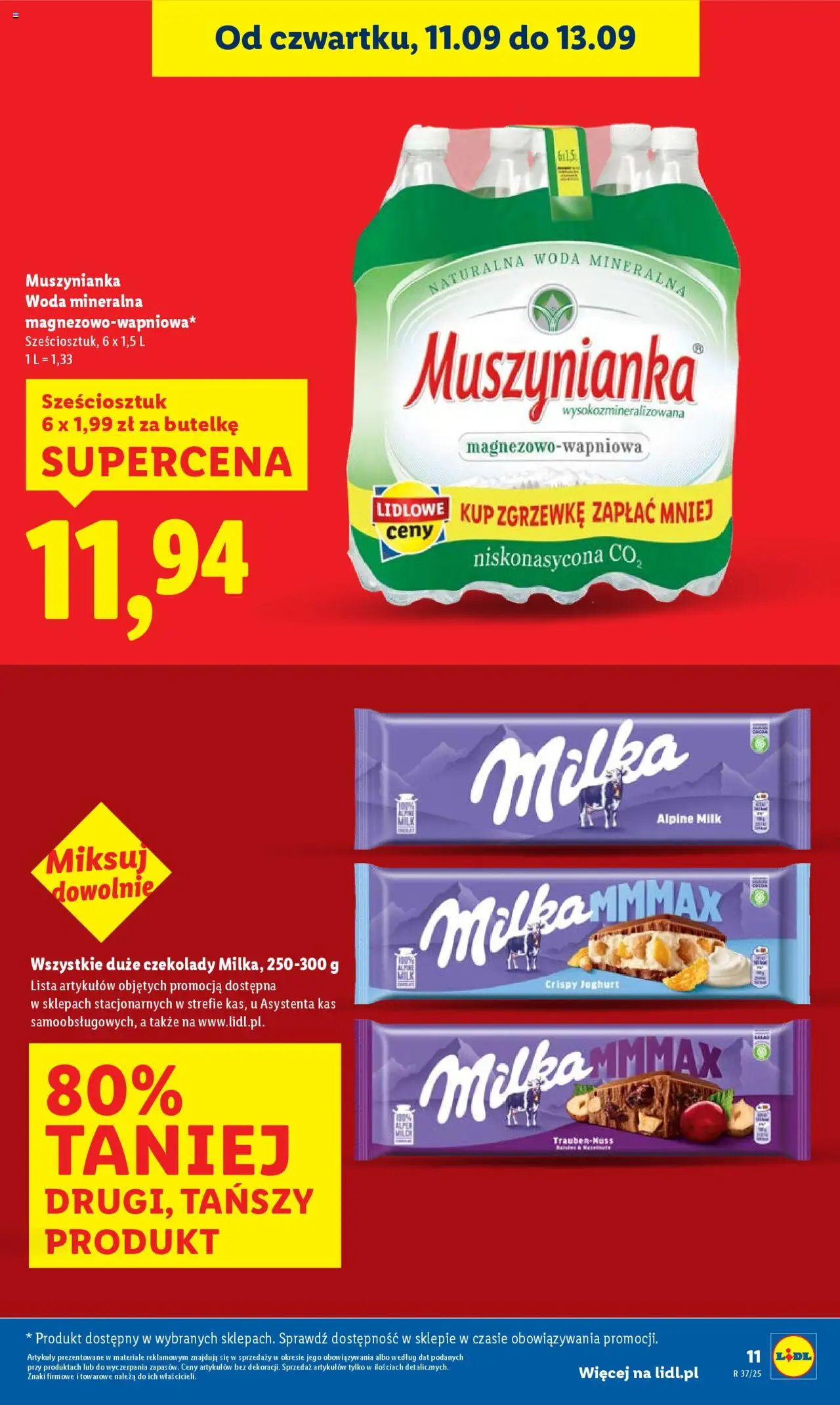 Lidl Gazetka od 11.09.2025 | Strona: 11 | Produkty: Czekolady, Muszynianka, Milka, Woda